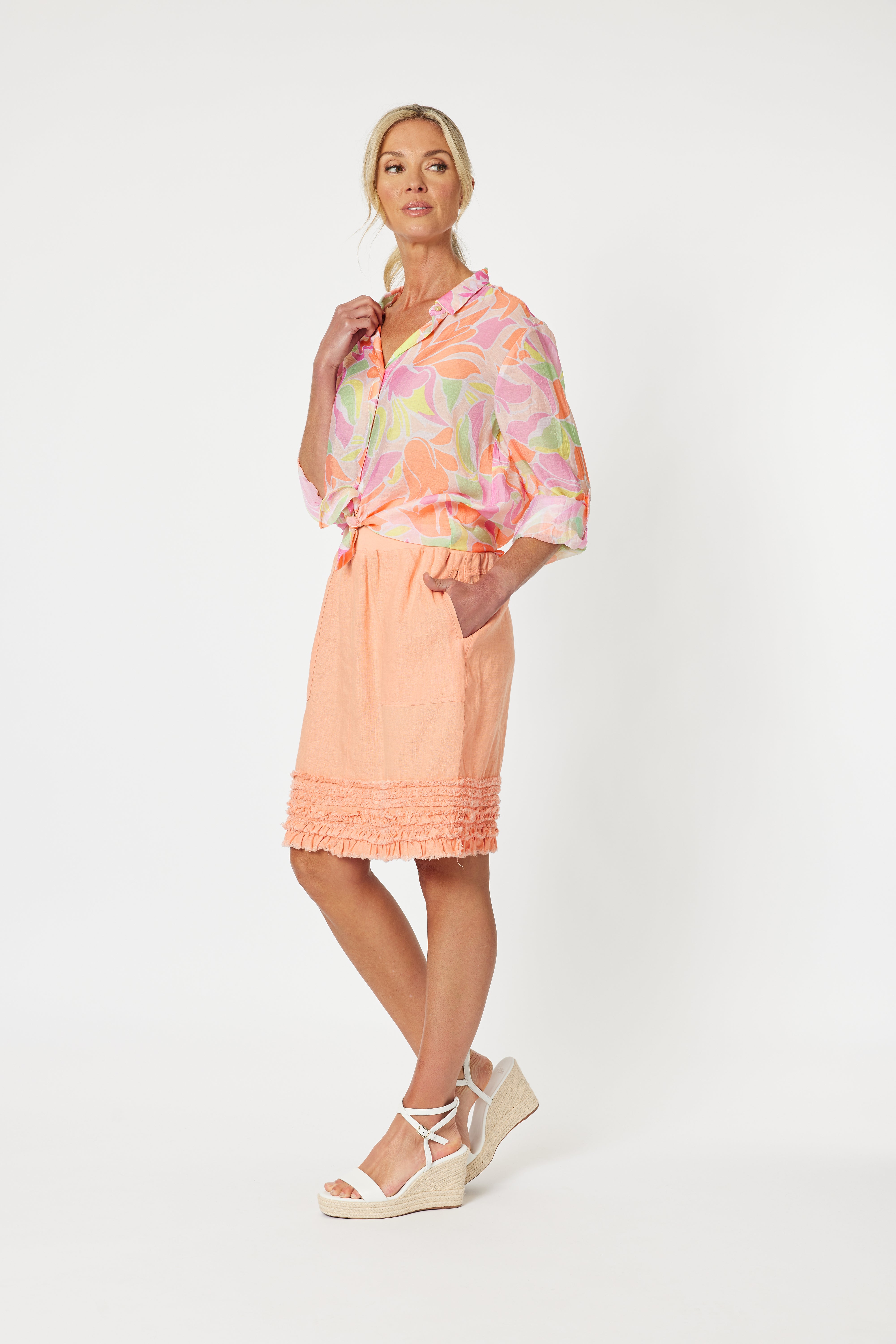 Gordon Smith Mimi Linen Ruffle Hem Skirt - Mandarin