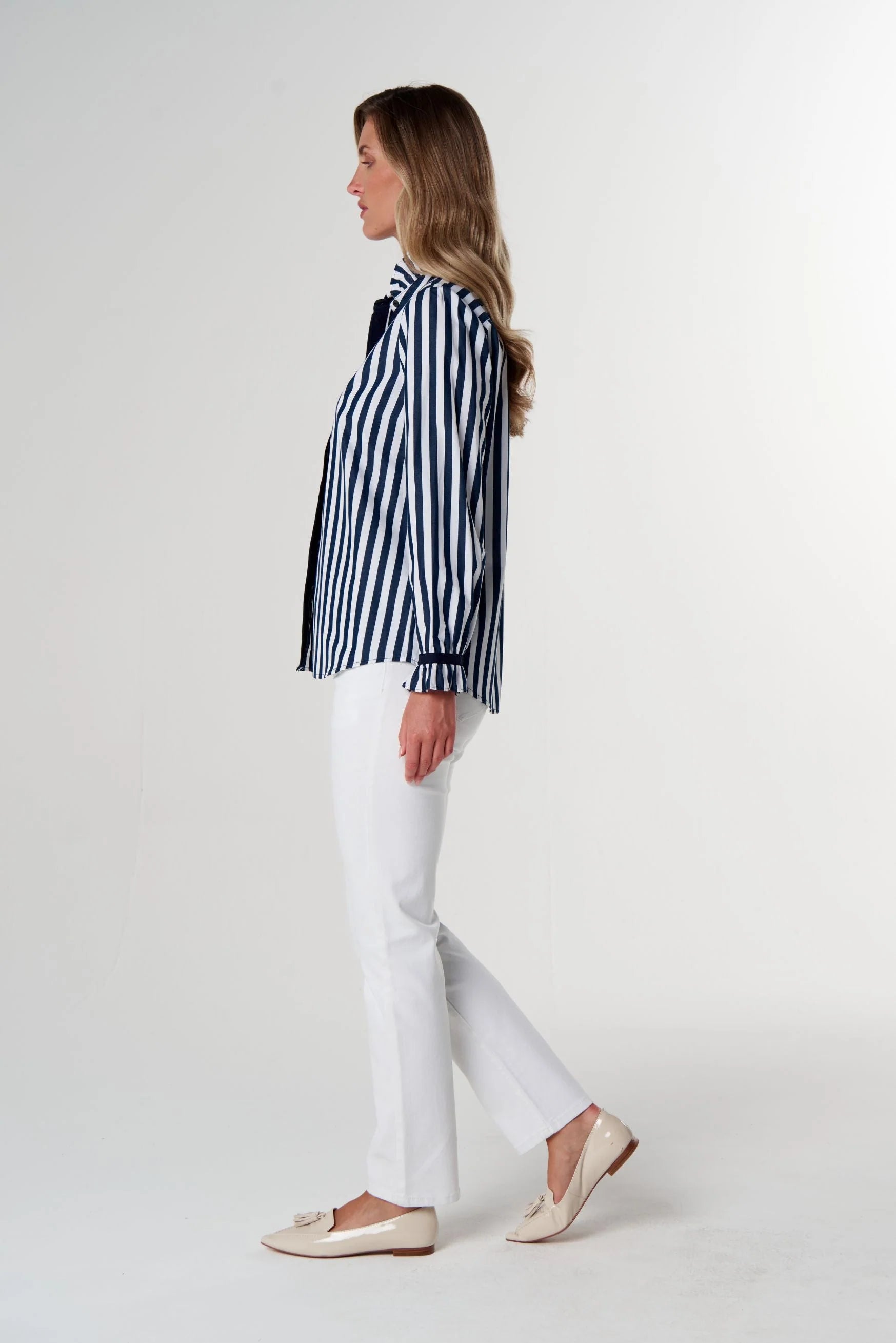 Goondiwindi Cotton Sky Frill Neck Cotton Shirt - Dark Navy/White