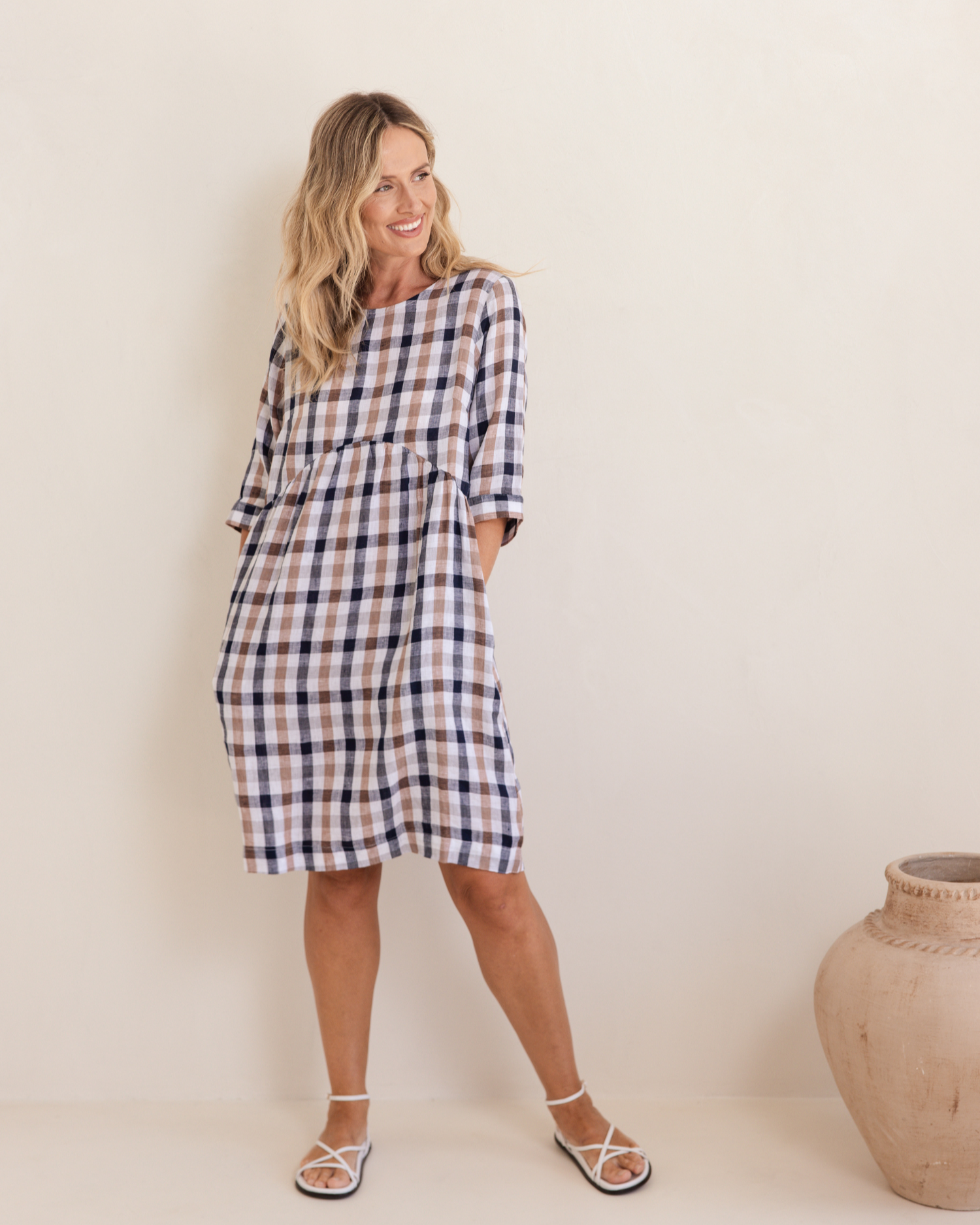 See Saw 3/4 Sleeve Button Back Dress - Navy/Bronze Check