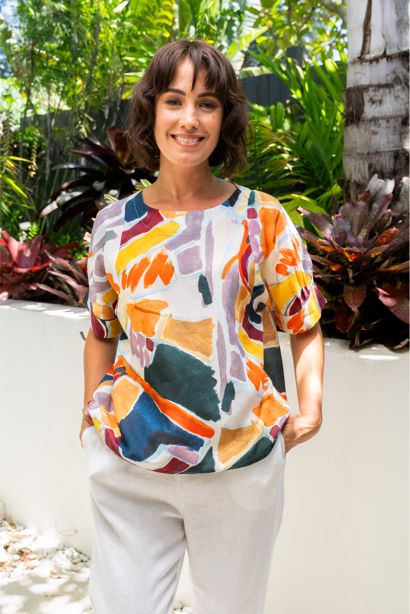 See Saw Cuff Sleeve Top - Abstract