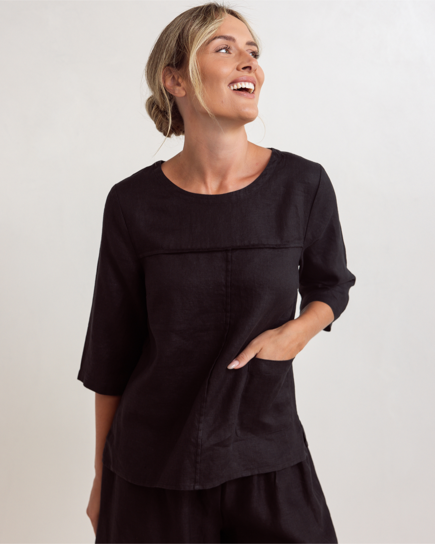See Saw 3/4 Sleeve Seam Detail Top - Black