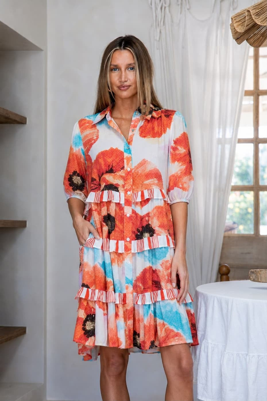 Cactus Rose Spliced Short Dress - Flower Print