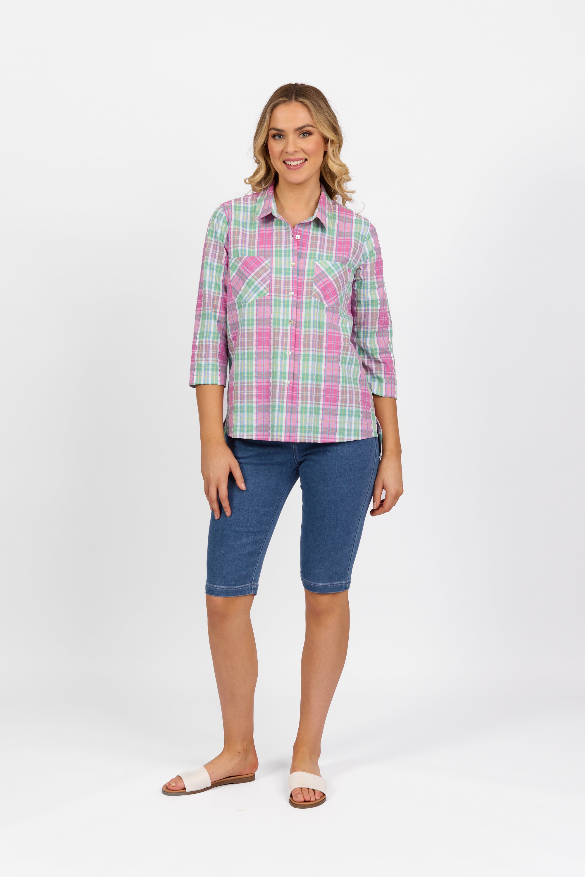 Vassalli Button Front Shirt - Pink Check