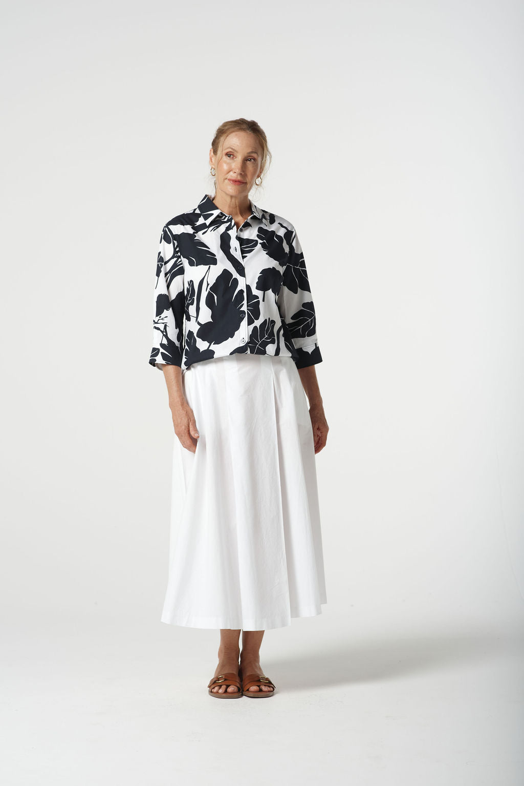 Goondiwindi Cotton Block Leaf 3/4 Sleeve Shirt - Navy/White