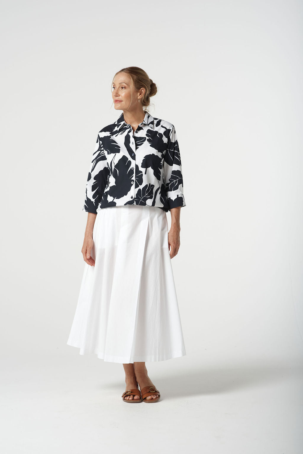 Goondiwindi Cotton Block Leaf 3/4 Sleeve Shirt - Navy/White