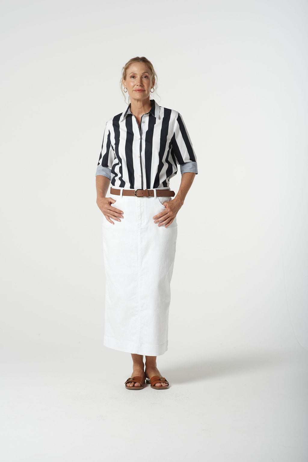 Goondiwindi Cotton 3/4 Sleeve Thick Stripe Shirt - Navy/White