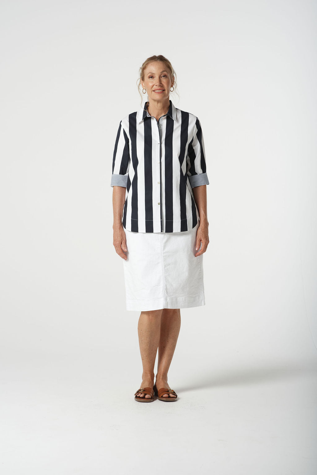 Goondiwindi Cotton 3/4 Sleeve Thick Stripe Shirt - Navy/White