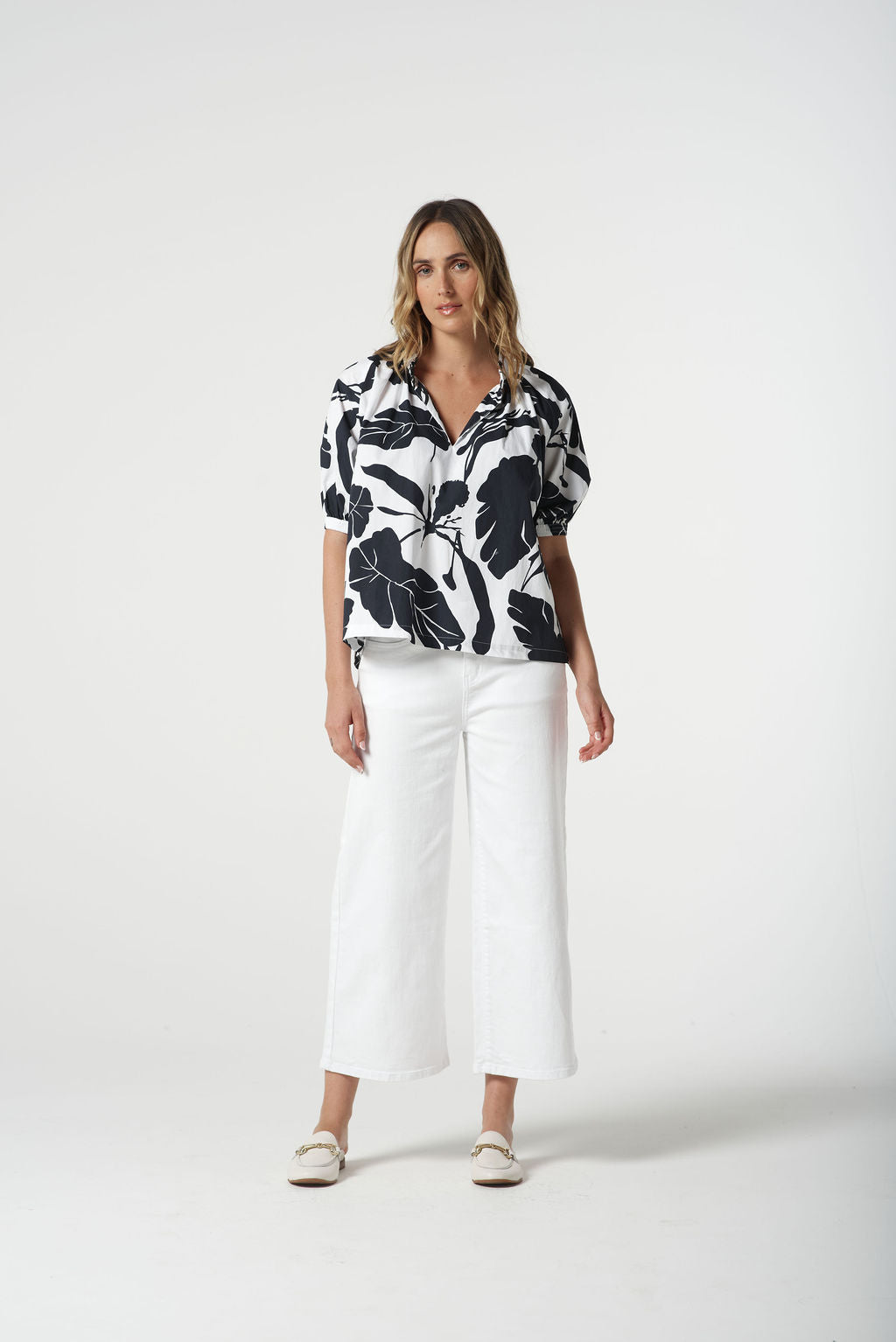 Goondiwindi Cotton Block Leaf Cotton Blouse - Navy/White
