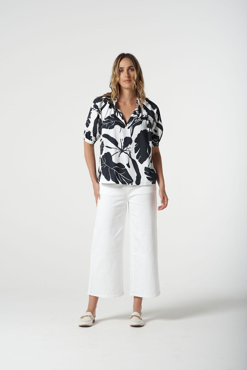 Goondiwindi Cotton Block Leaf Cotton Blouse - Navy/White