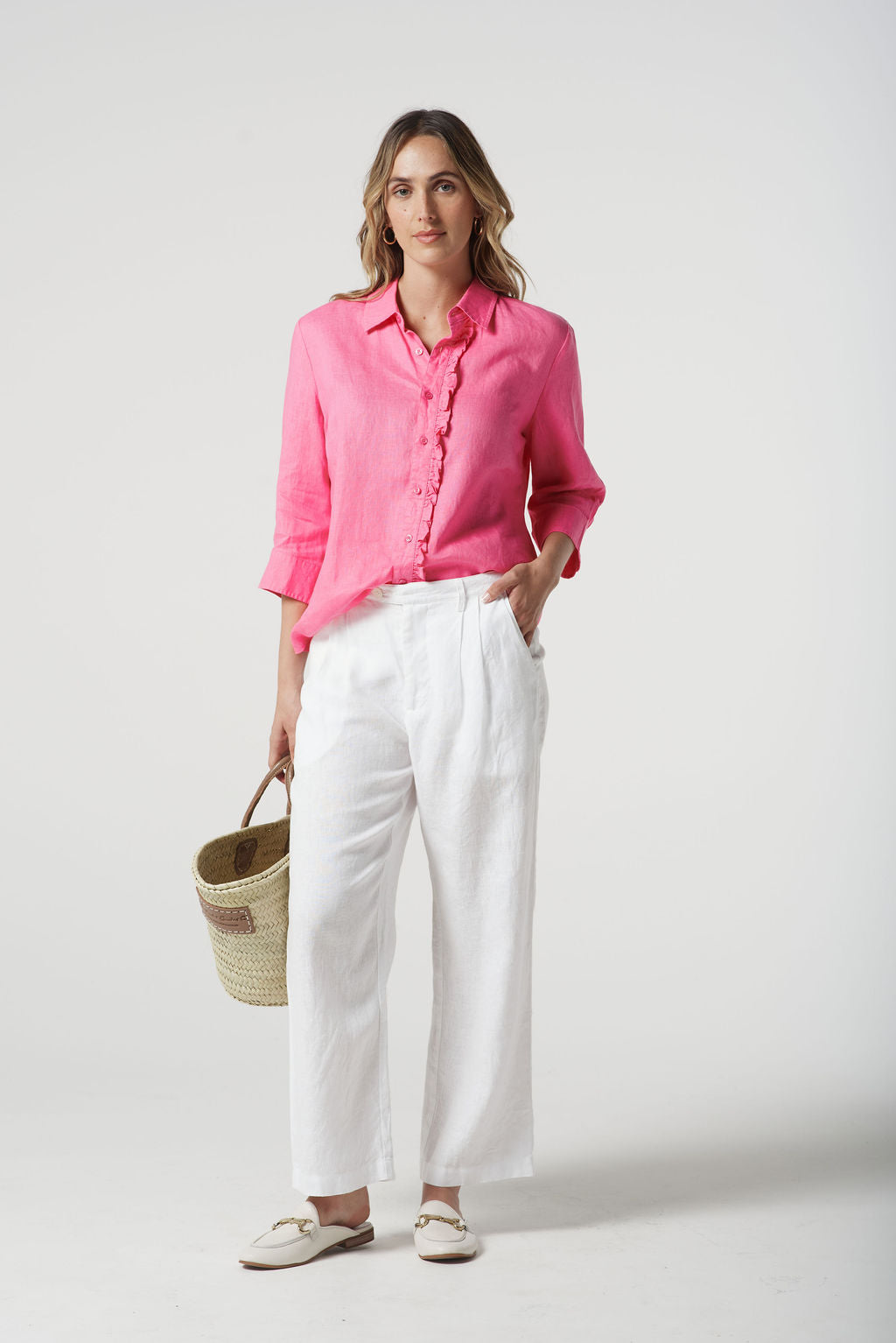 Goondiwindi Cotton Island Linen 3/4 Sleeve Frill Shirt - Pink Cosmos