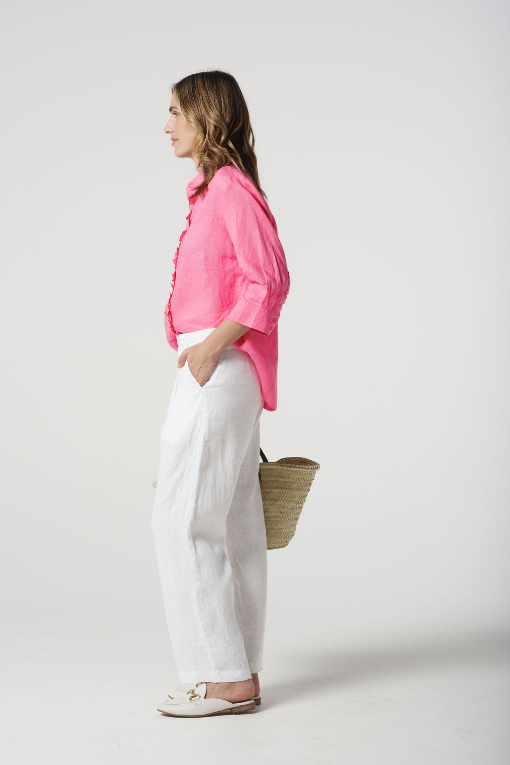 Goondiwindi Cotton Island Linen 3/4 Sleeve Frill Shirt - Pink Cosmos