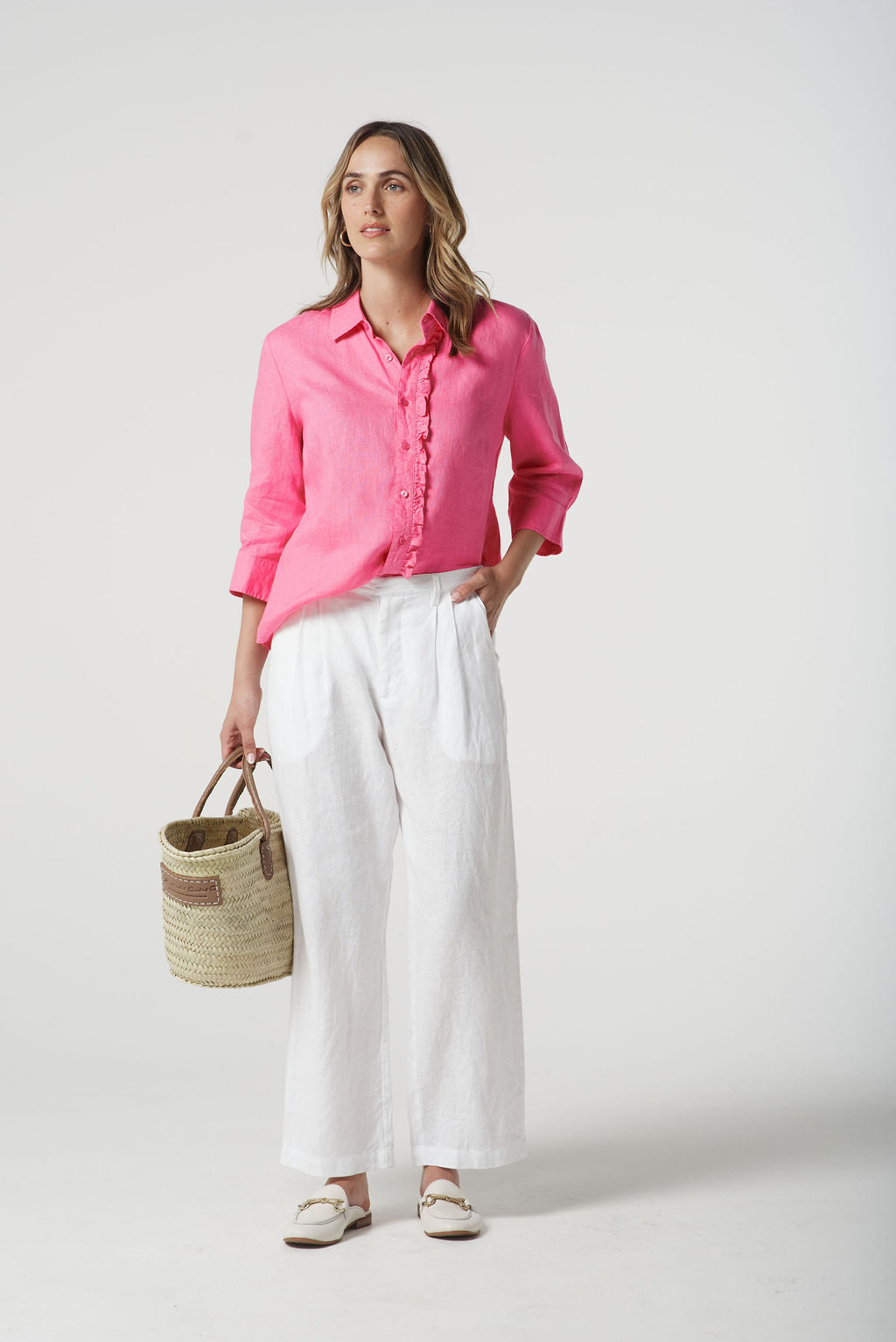 Goondiwindi Cotton Island Linen 3/4 Sleeve Frill Shirt - Pink Cosmos