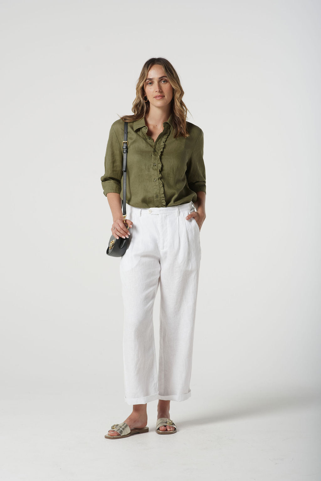 Goondiwindi Cotton Island Linen 3/4 Sleeve Frill Shirt - Sage Green