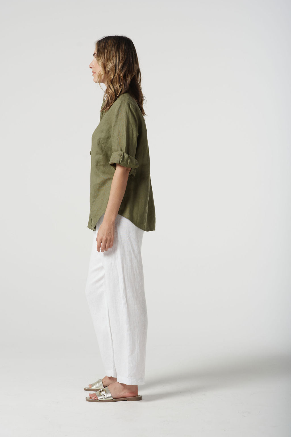 Goondiwindi Cotton Island Linen 3/4 Sleeve Frill Shirt - Sage Green