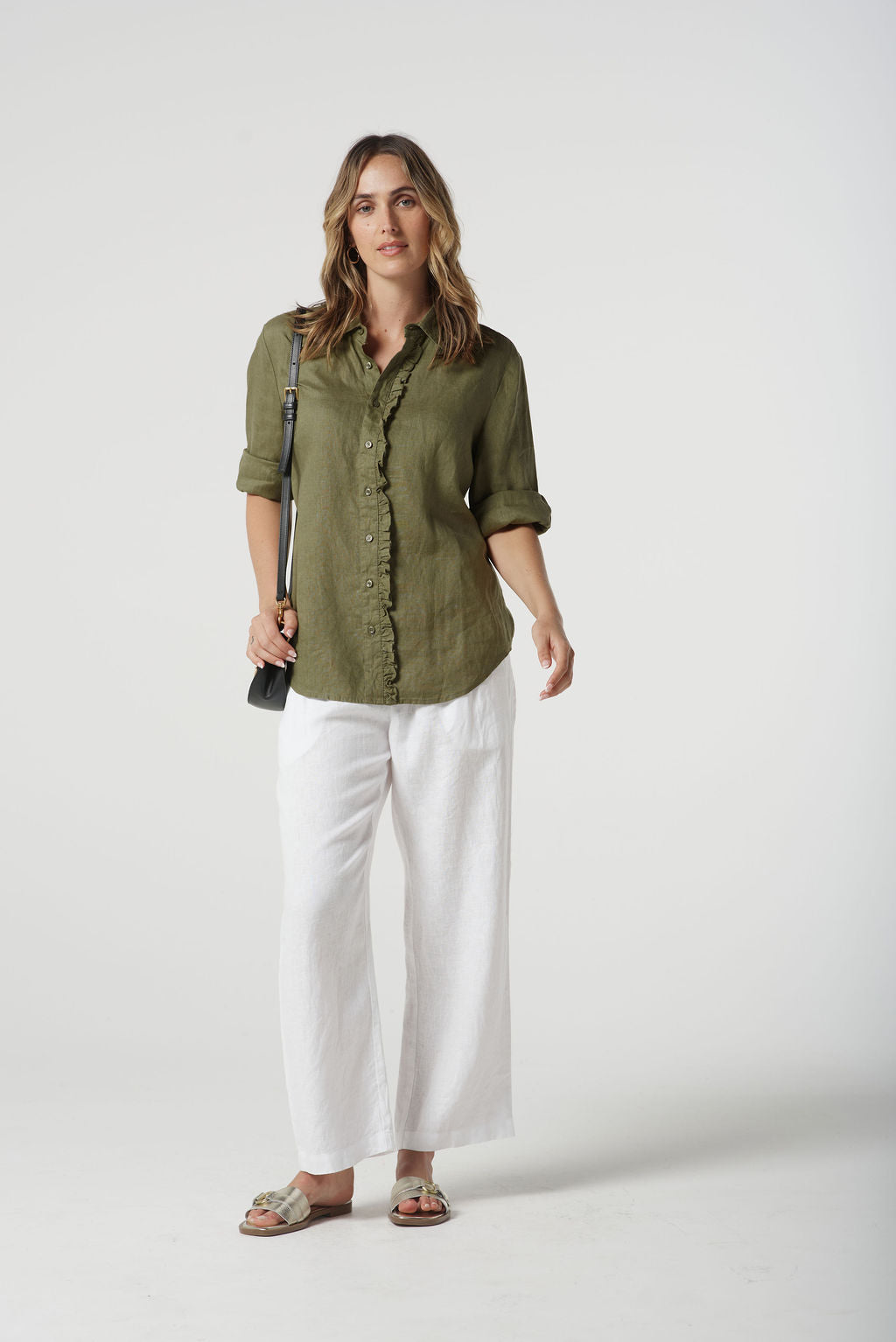 Goondiwindi Cotton Island Linen 3/4 Sleeve Frill Shirt - Sage Green