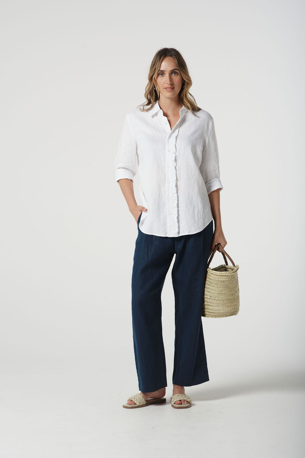 Goondiwindi Cotton Island Linen 3/4 Sleeve Frill Shirt - Optical White