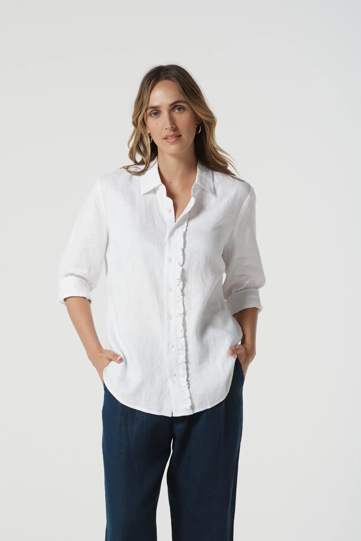 Goondiwindi Cotton Island Linen 3/4 Sleeve Frill Shirt - Optical White
