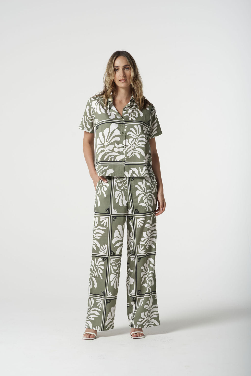 Goondiwindi Cotton Soft Button Through Blouse - Sage Green Print