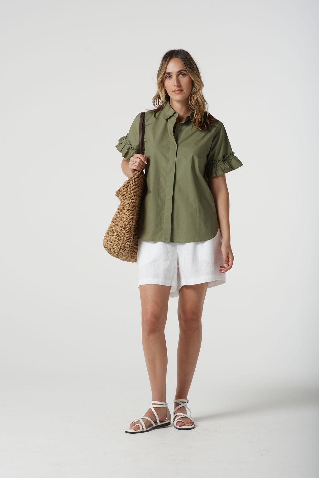 Goondiwindi Cotton Ruffle Sleeve Shirt - Sage Green