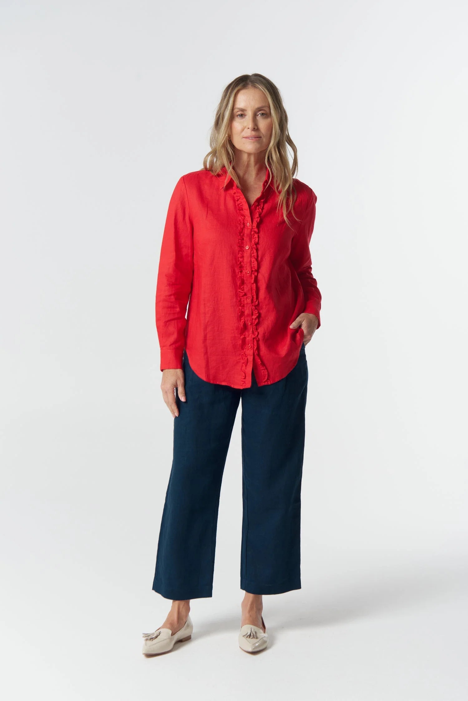 Goondiwindi Cotton Pearl Ruffle Linen Shirt - Poinsettia