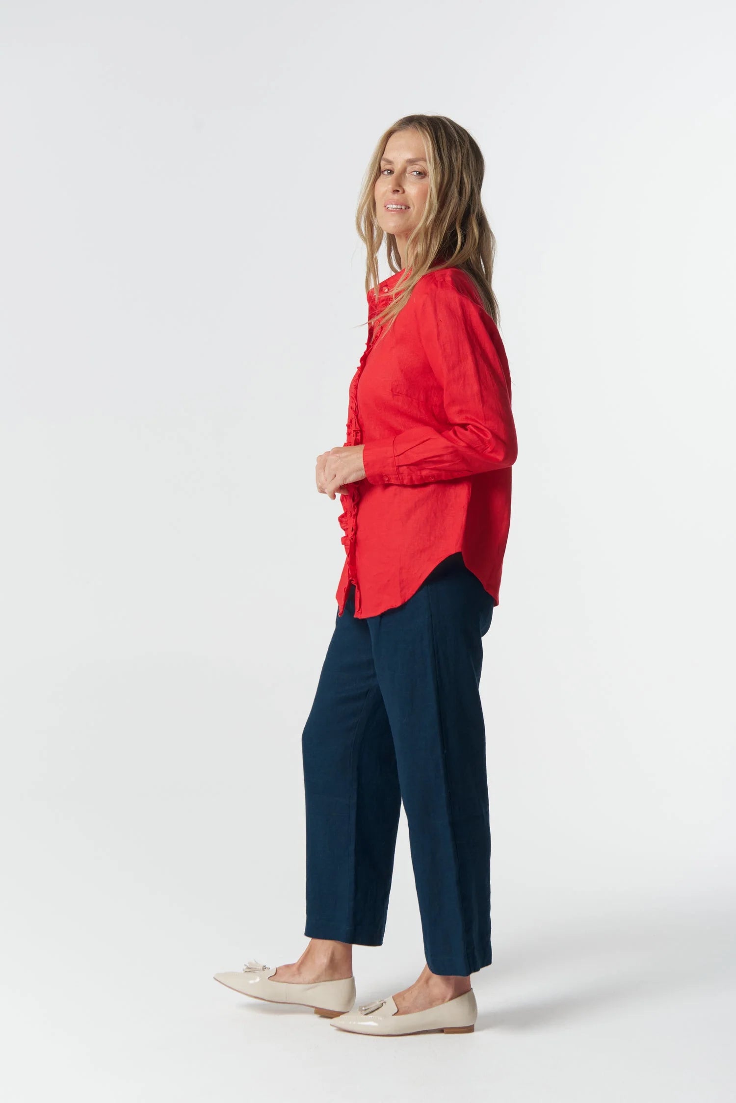 Goondiwindi Cotton Pearl Ruffle Linen Shirt - Poinsettia