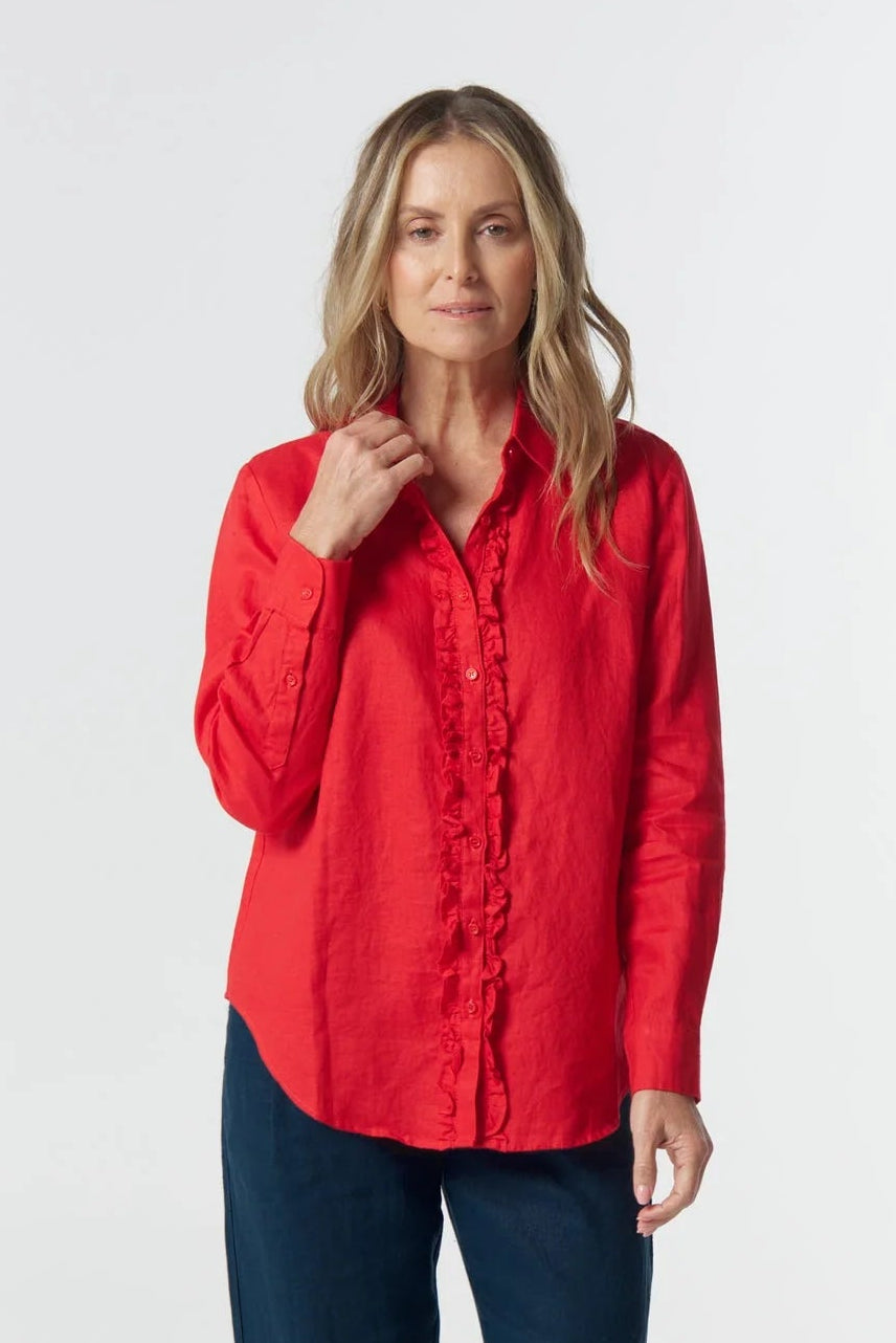 Goondiwindi Cotton Pearl Ruffle Linen Shirt - Poinsettia
