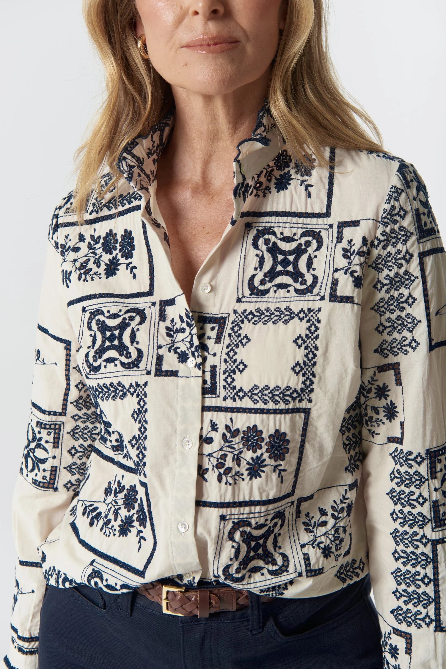 Goondiwindi Cotton Wattle Frill Cotton Shirt - White/Navy