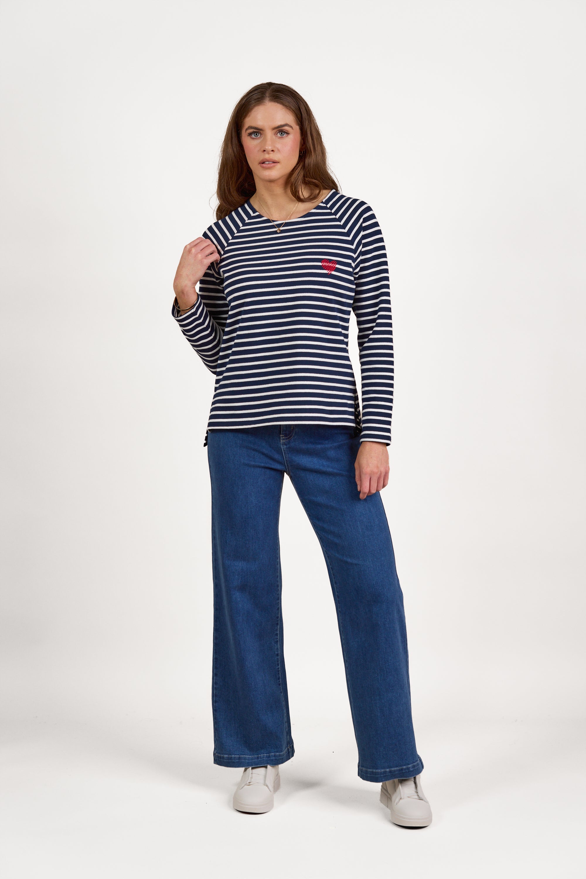 Vassalli Round Neck Long Sleeve Top with Heart Embroidery - Foil Stripe