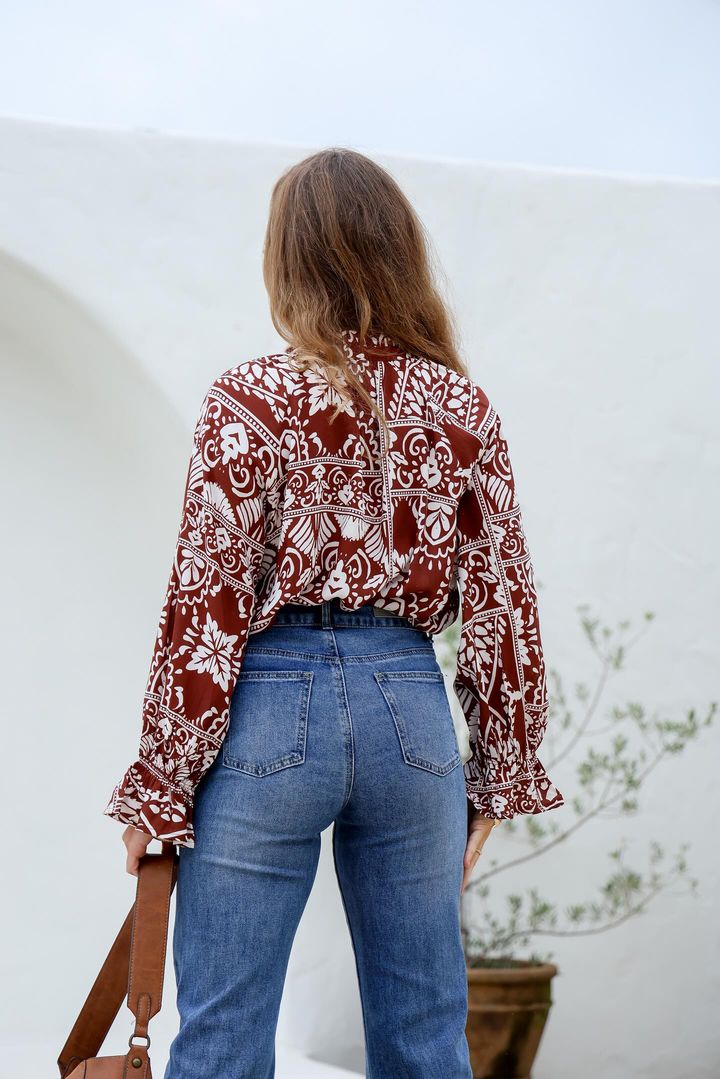 Joop & Gypsy Bohemian Floral Print Blouse - Chocolate Brown