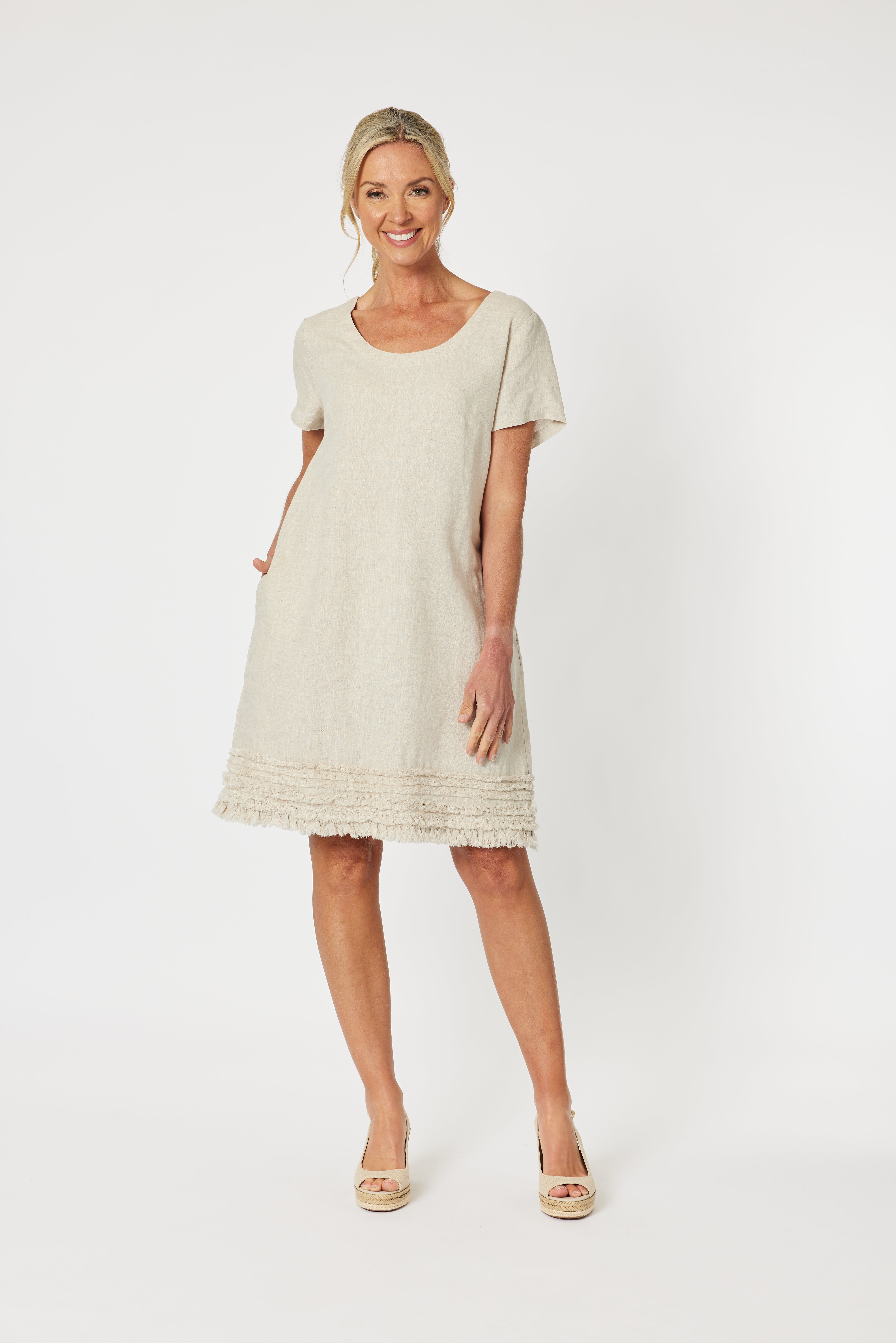 Gordon Smith Ruffle Hem Linen Dress - Natural