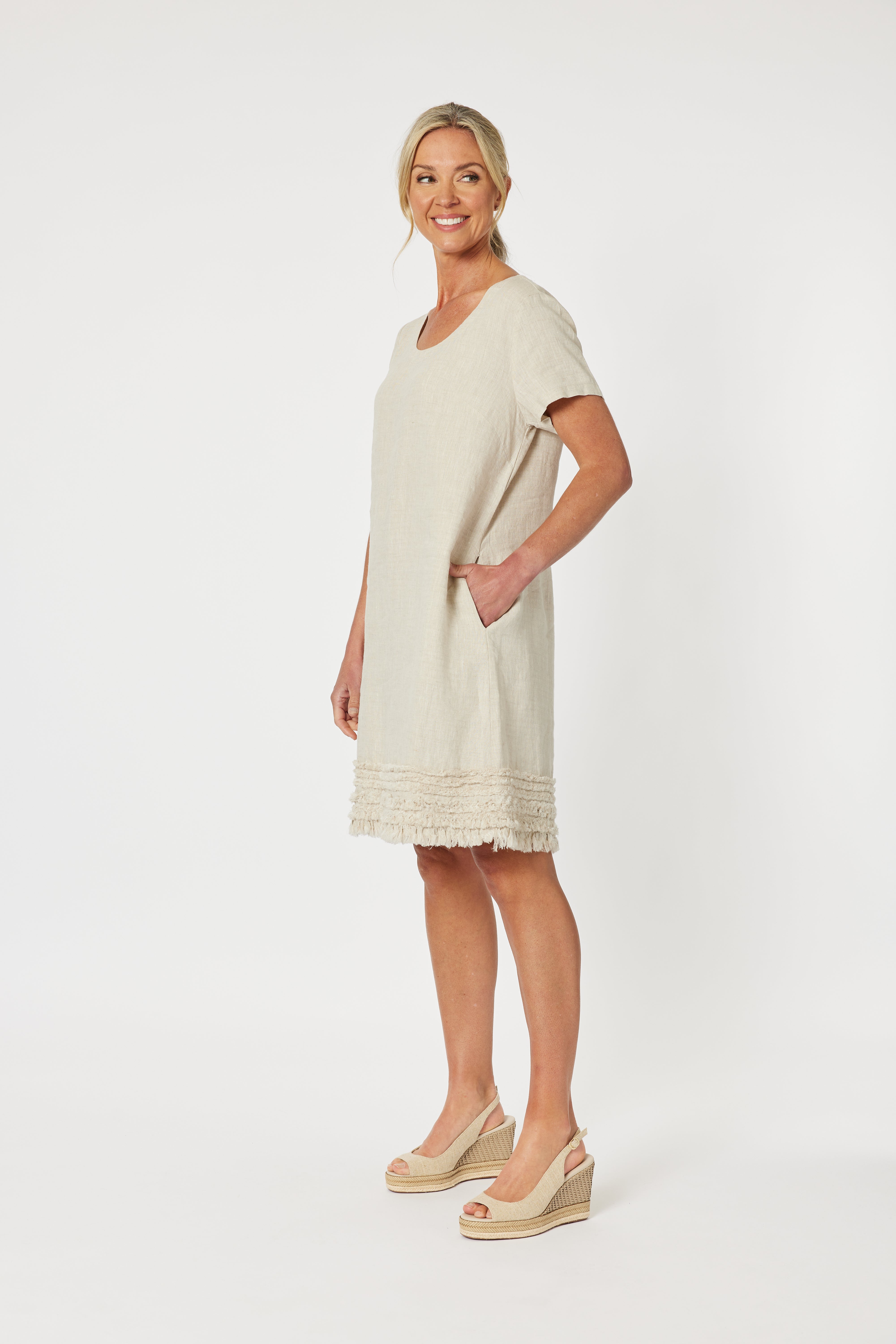 Gordon Smith Ruffle Hem Linen Dress - Natural