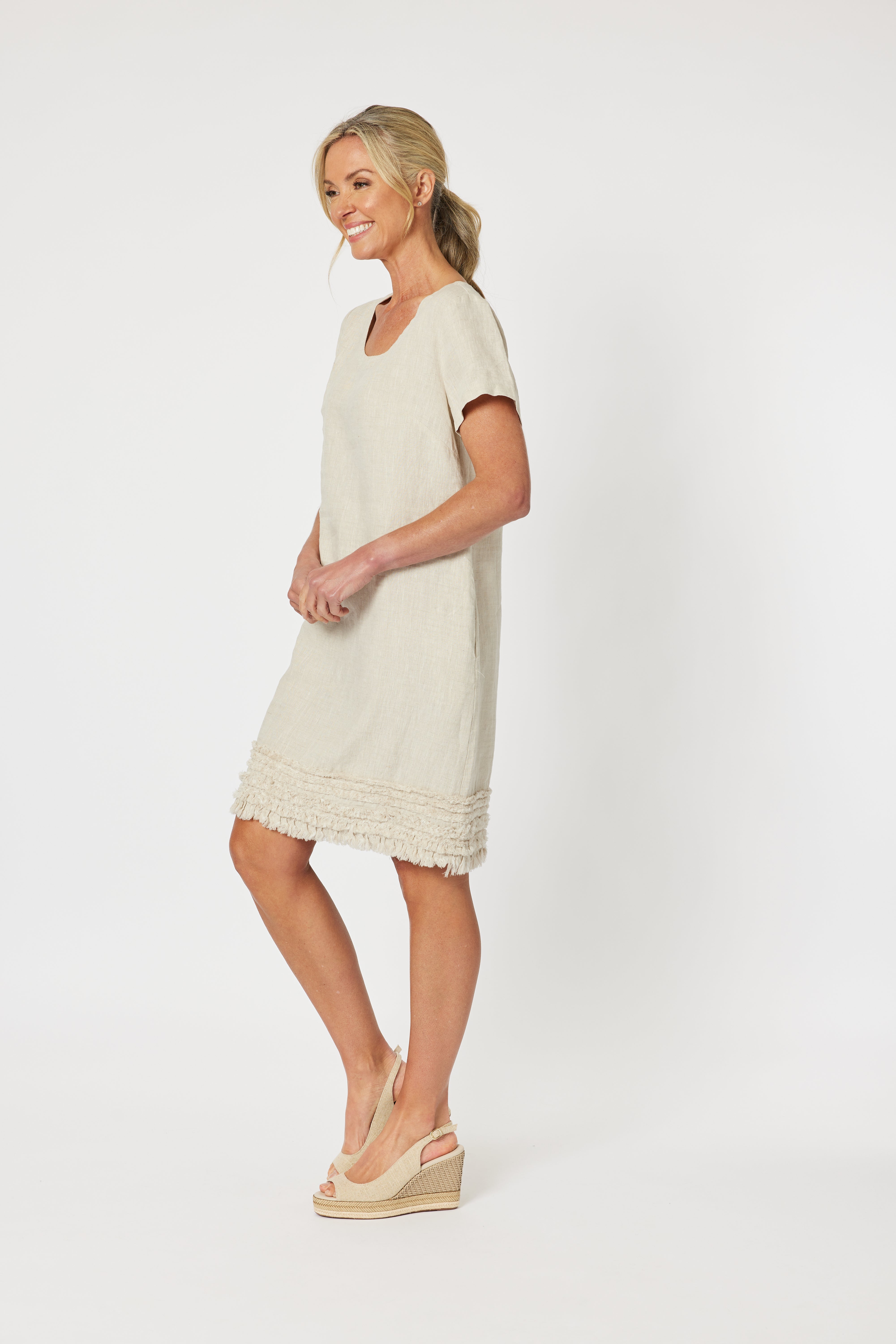 Gordon Smith Ruffle Hem Linen Dress - Natural