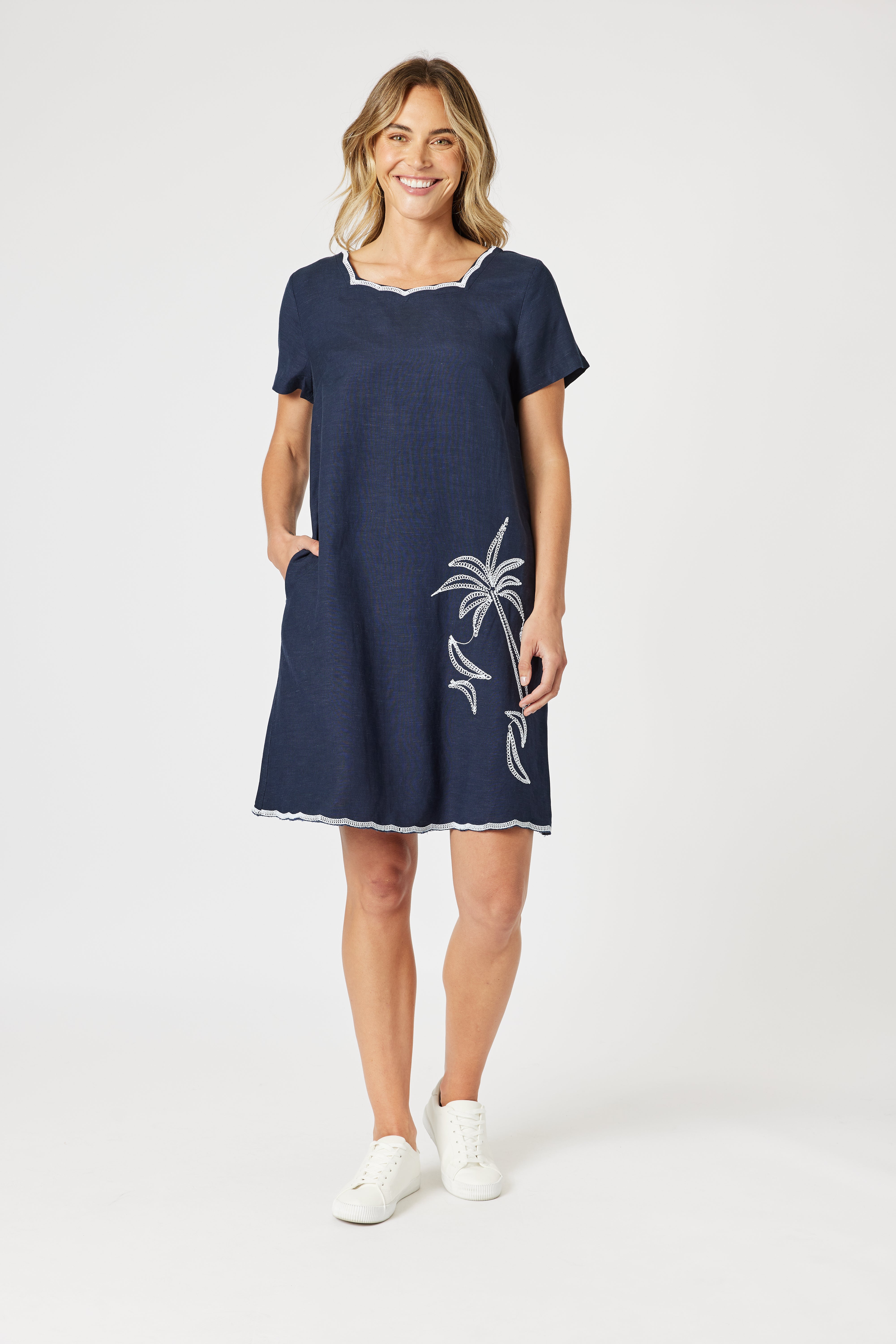 Gordon Smith Palm Embroidered Lino Dress - Navy/White