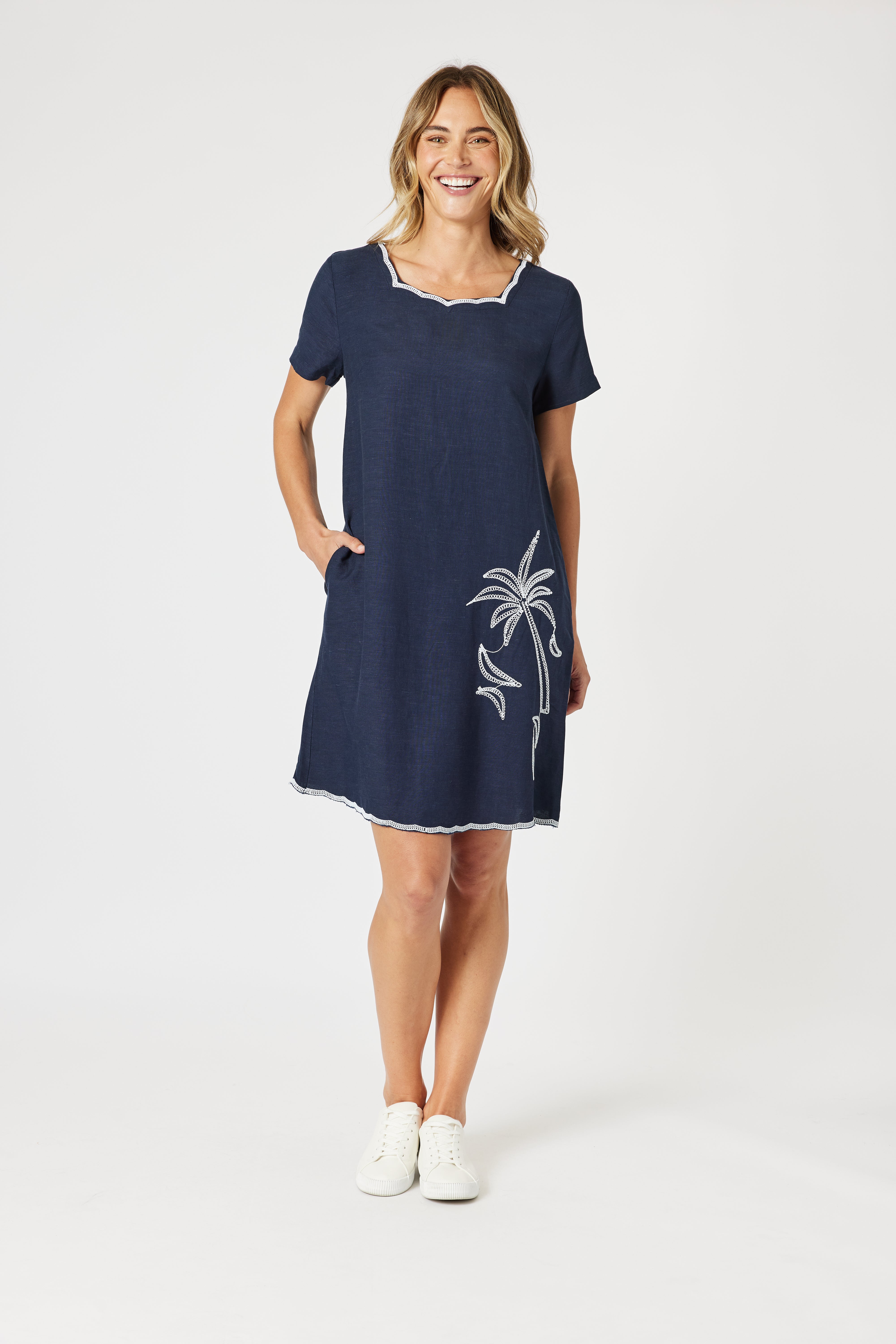 Gordon Smith Palm Embroidered Lino Dress - Navy/White