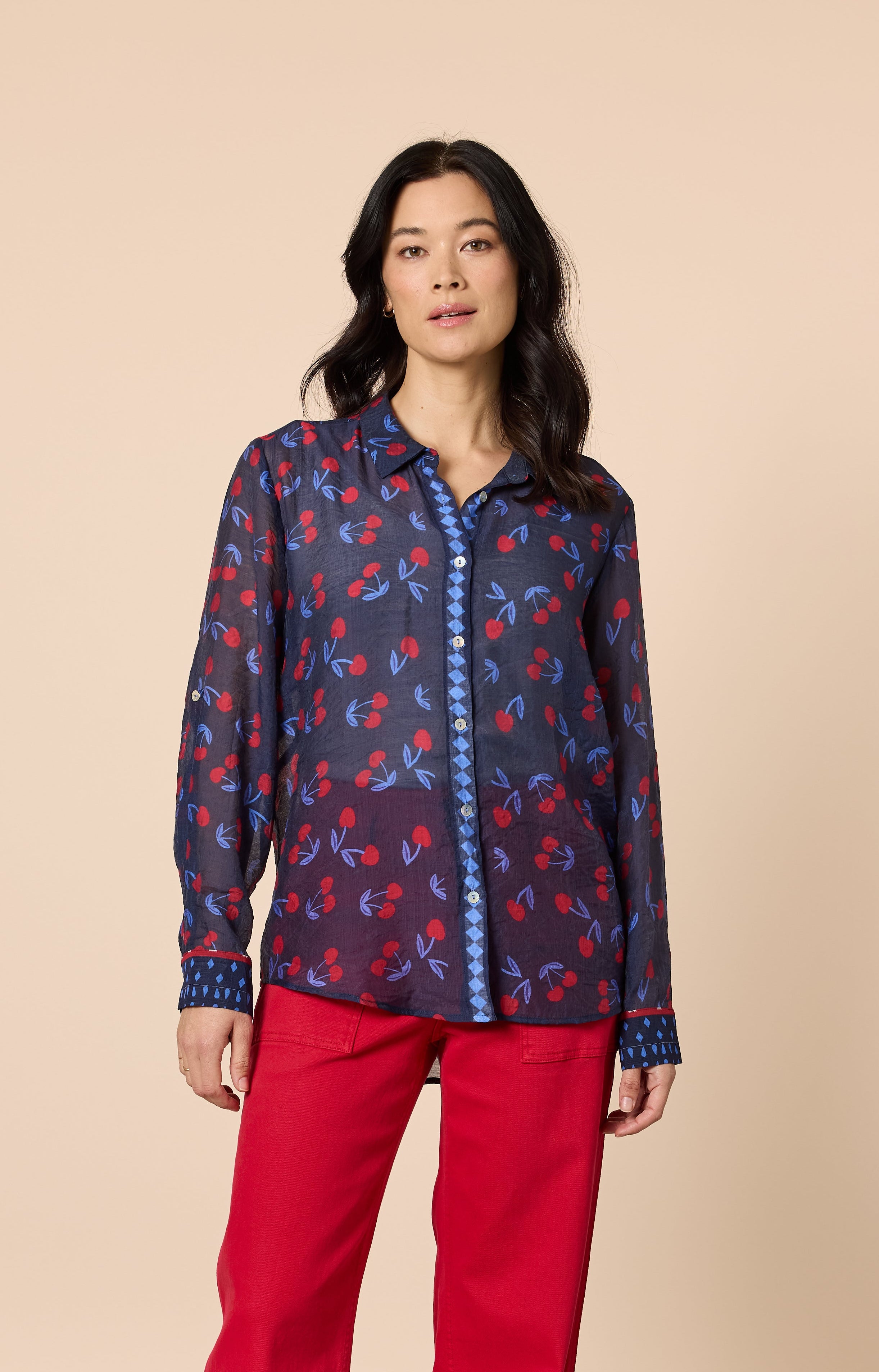 Gordon Smith Cherry Delight Print Sheer Shirt - Navy/Red