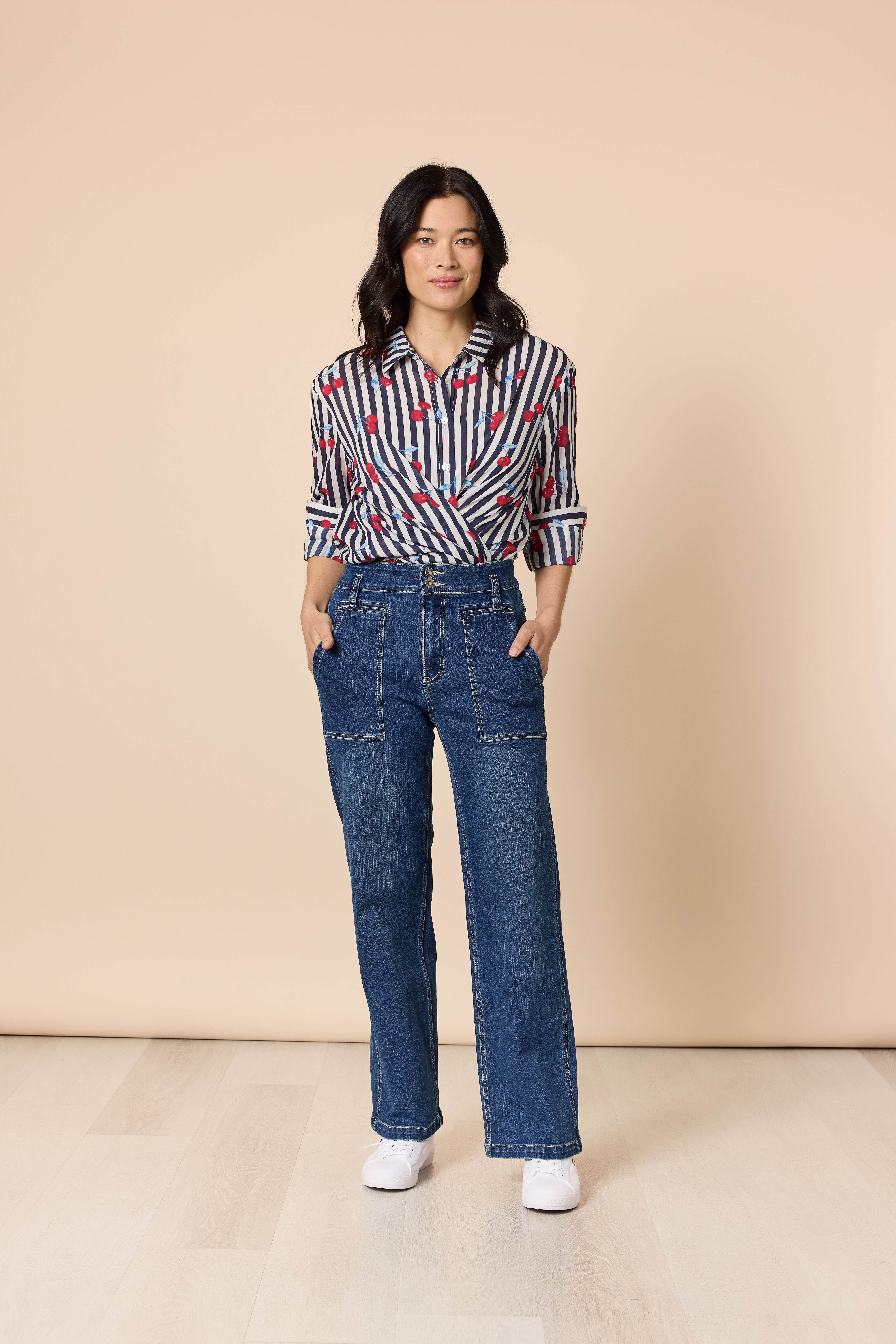 Gordon Smith Cherry Stripe Print Sheer Shirt - Navy/White