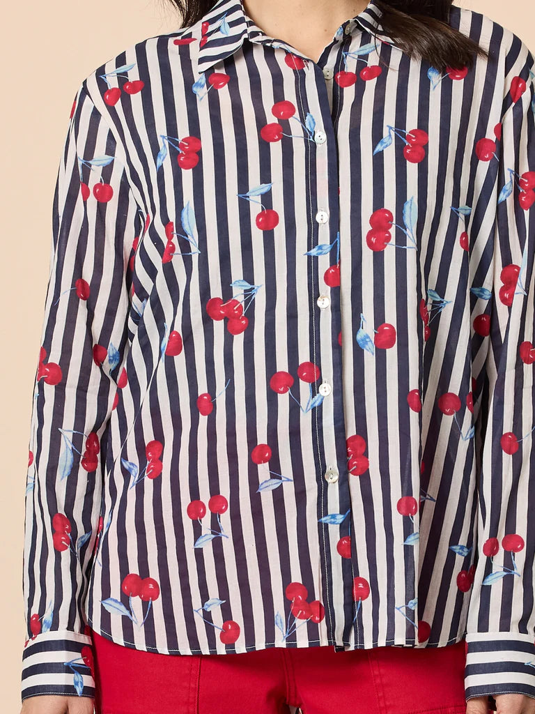 Gordon Smith Cherry Stripe Print Sheer Shirt - Navy/White