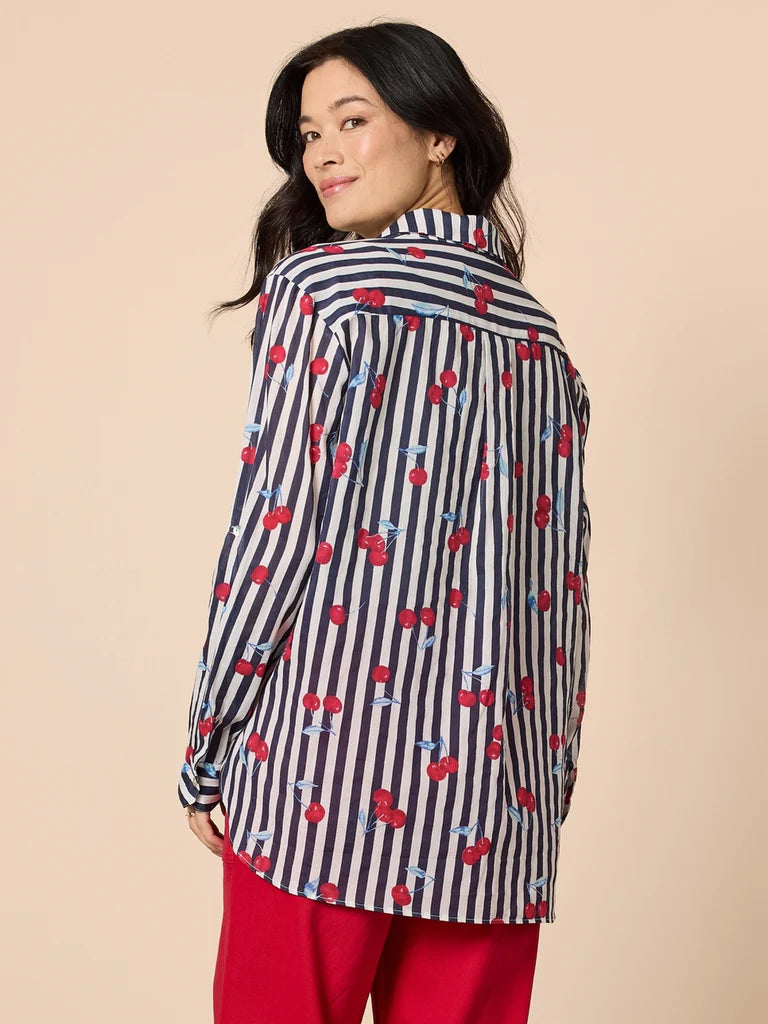Gordon Smith Cherry Stripe Print Sheer Shirt - Navy/White