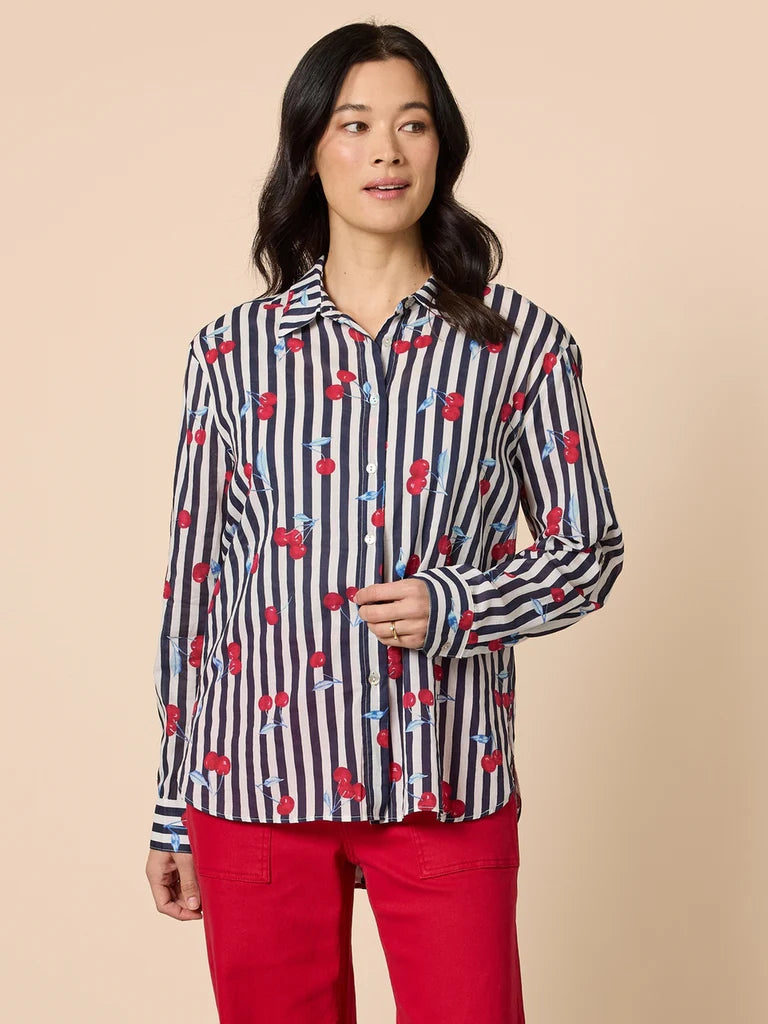 Gordon Smith Cherry Stripe Print Sheer Shirt - Navy/White
