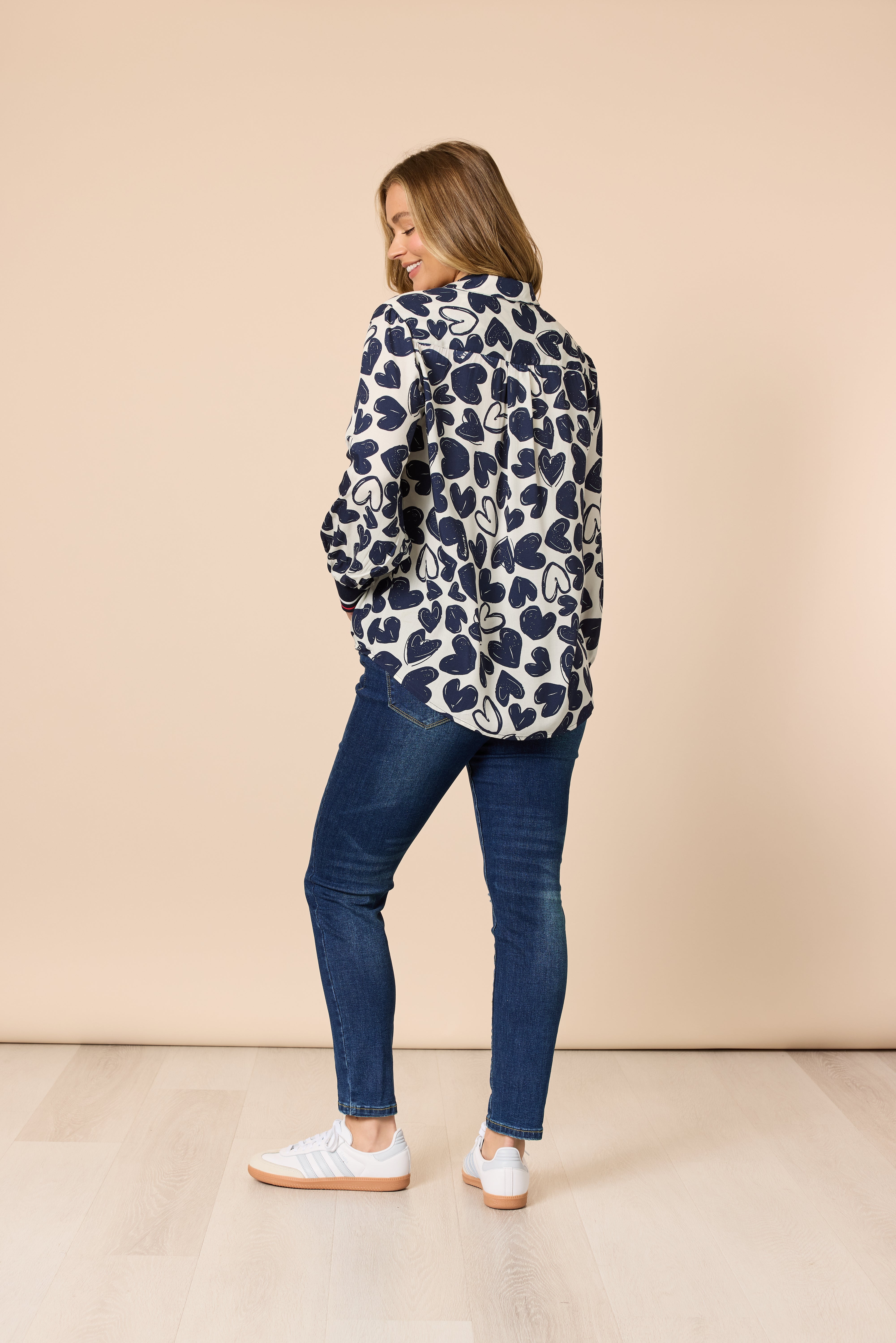 Threadz Luna Heart Print Top - Navy/Ivory