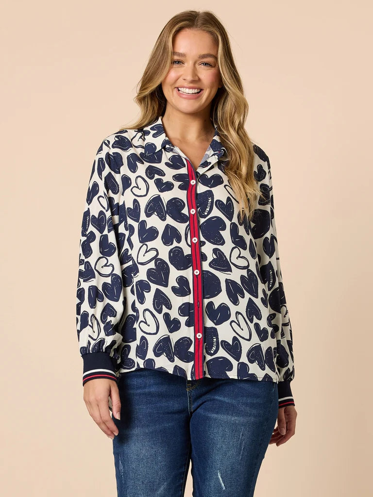 Threadz Luna Heart Print Shirt - Navy/Ivory