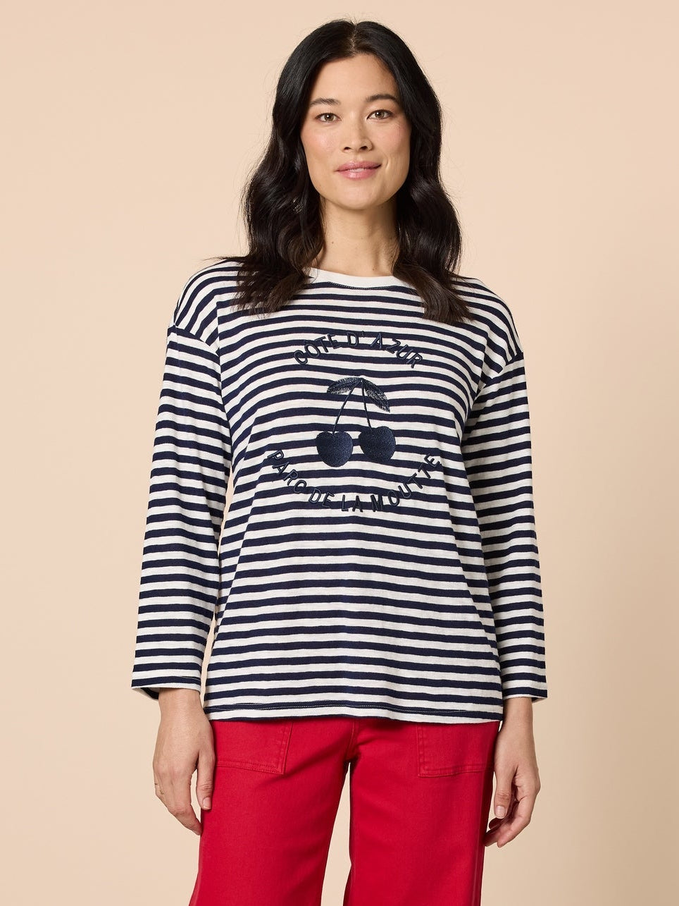 Gordon Smith Cote D 'Azure Stripe Embroidered Cherry Tee - Navy/White