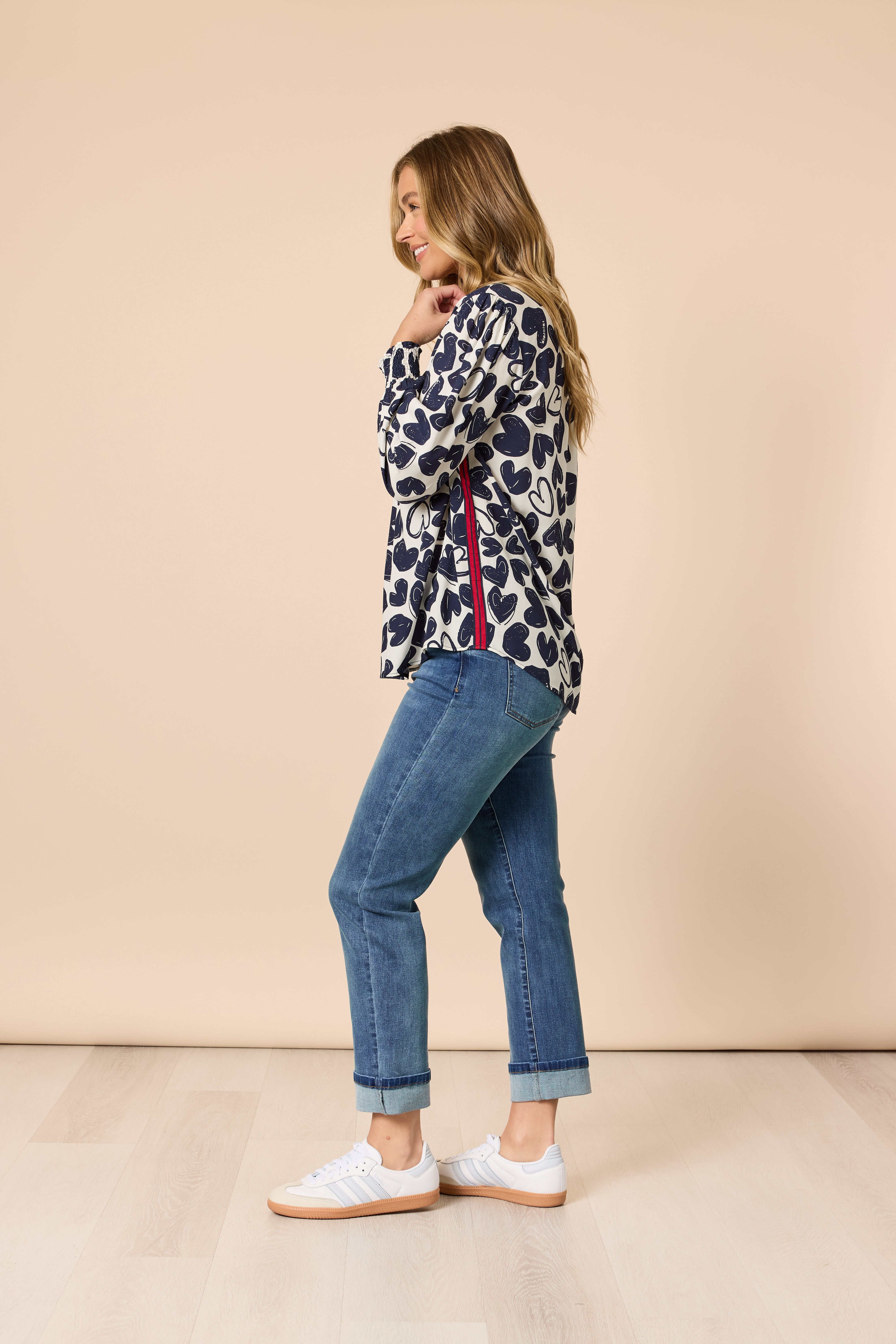 Threadz Luna Heart Print Top - Navy/Ivory