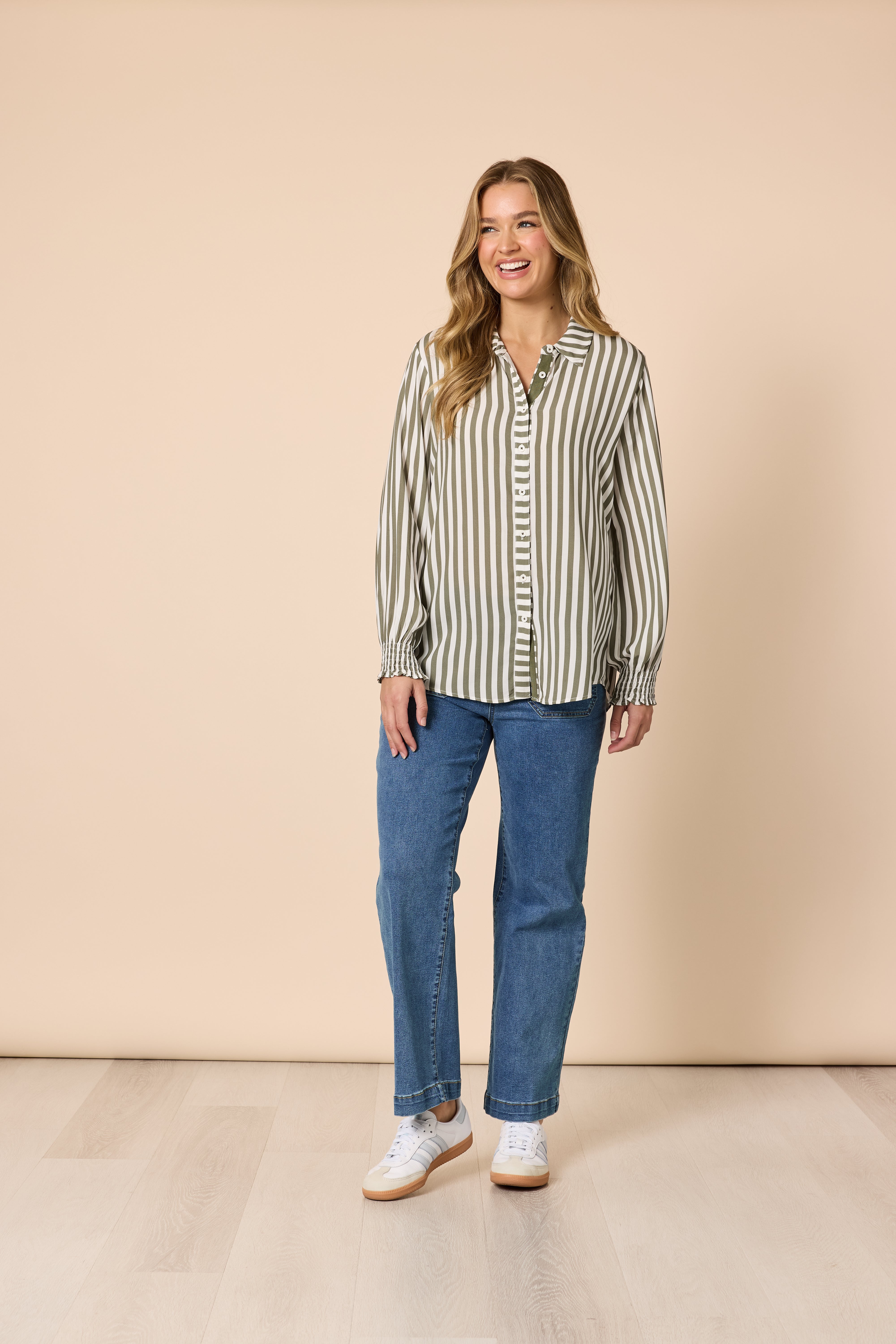 Threadz Amour Stripe Print Shirt - Khaki/White