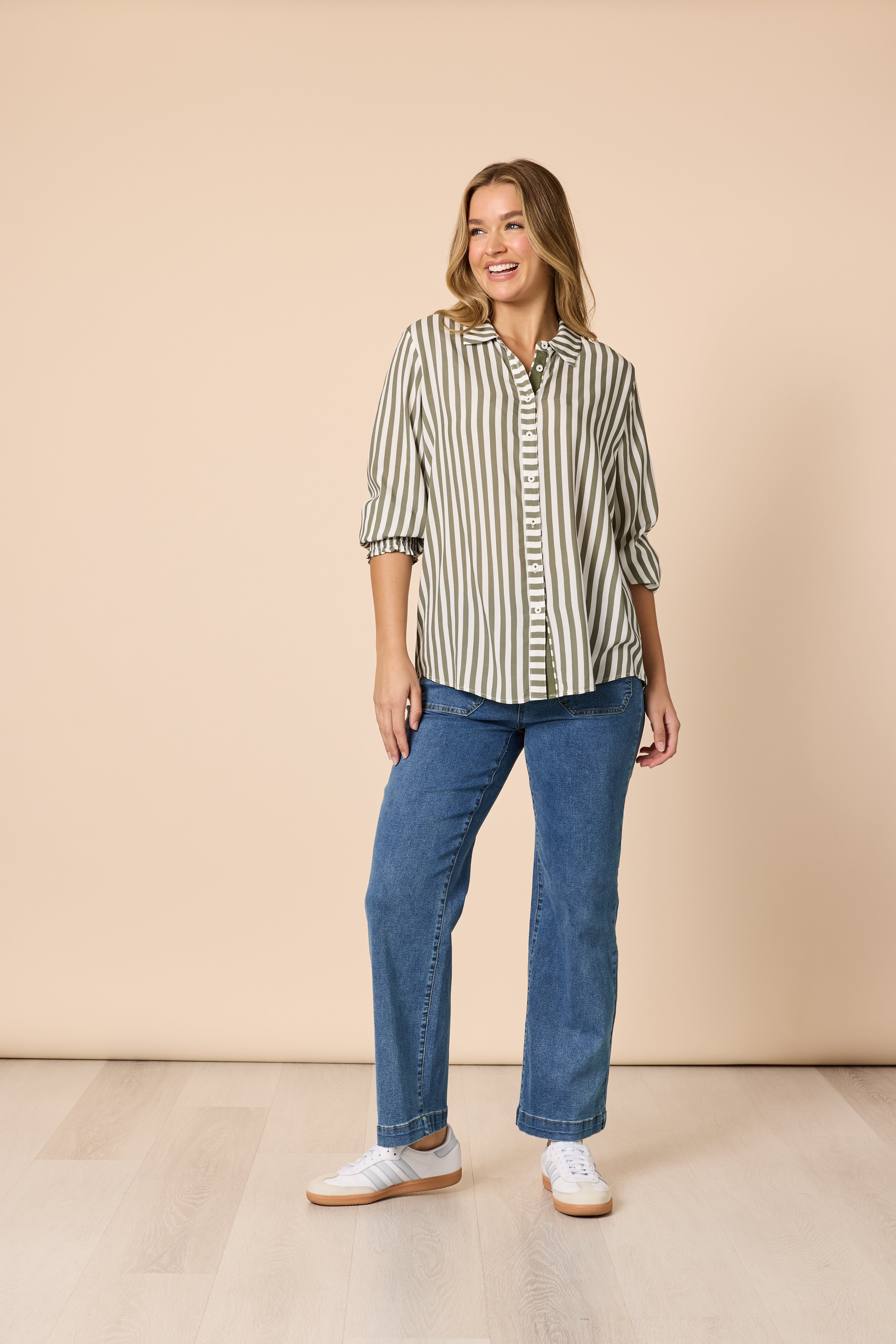 Threadz Amour Stripe Print Shirt - Khaki/White