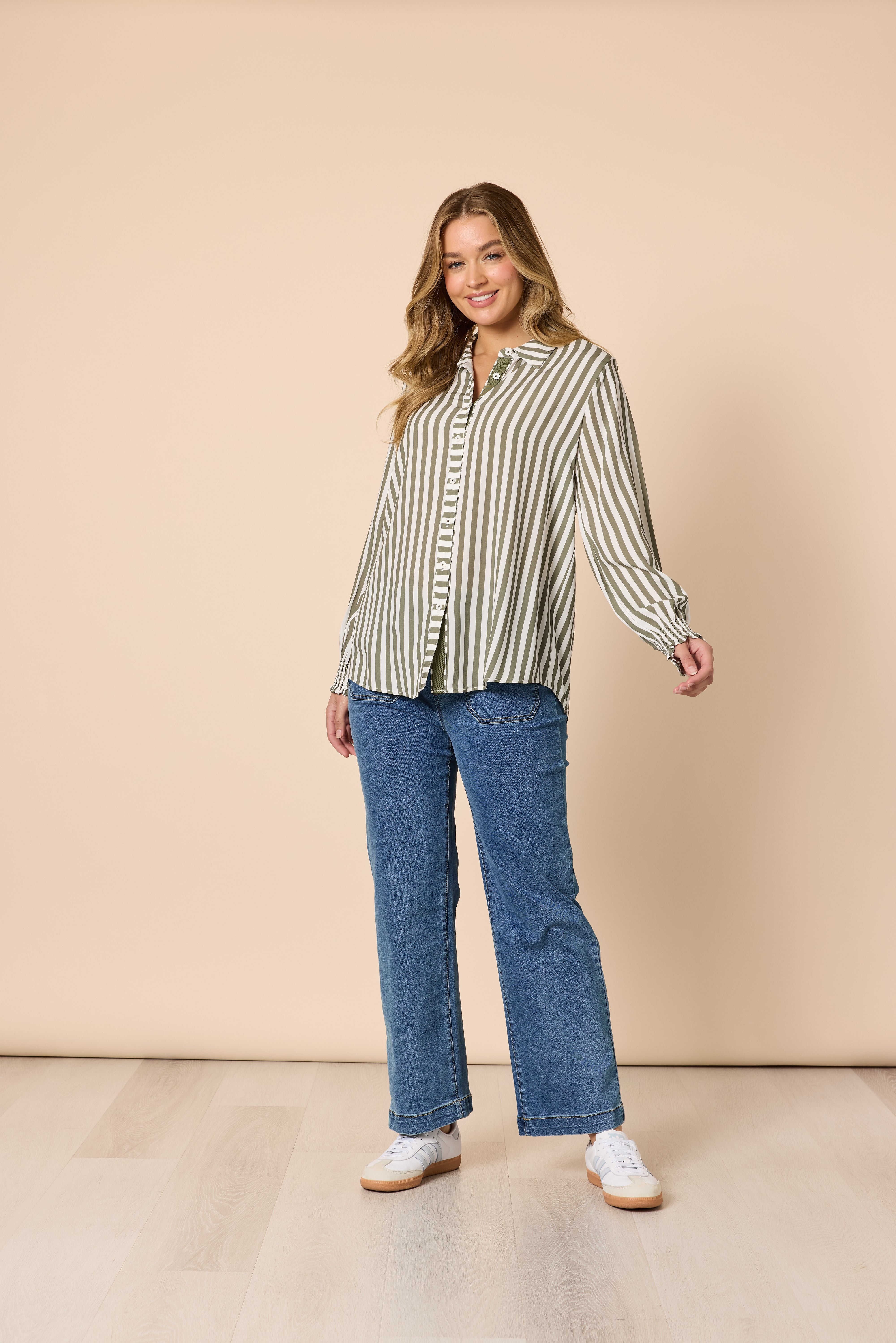 Threadz Amour Stripe Print Shirt - Khaki/White