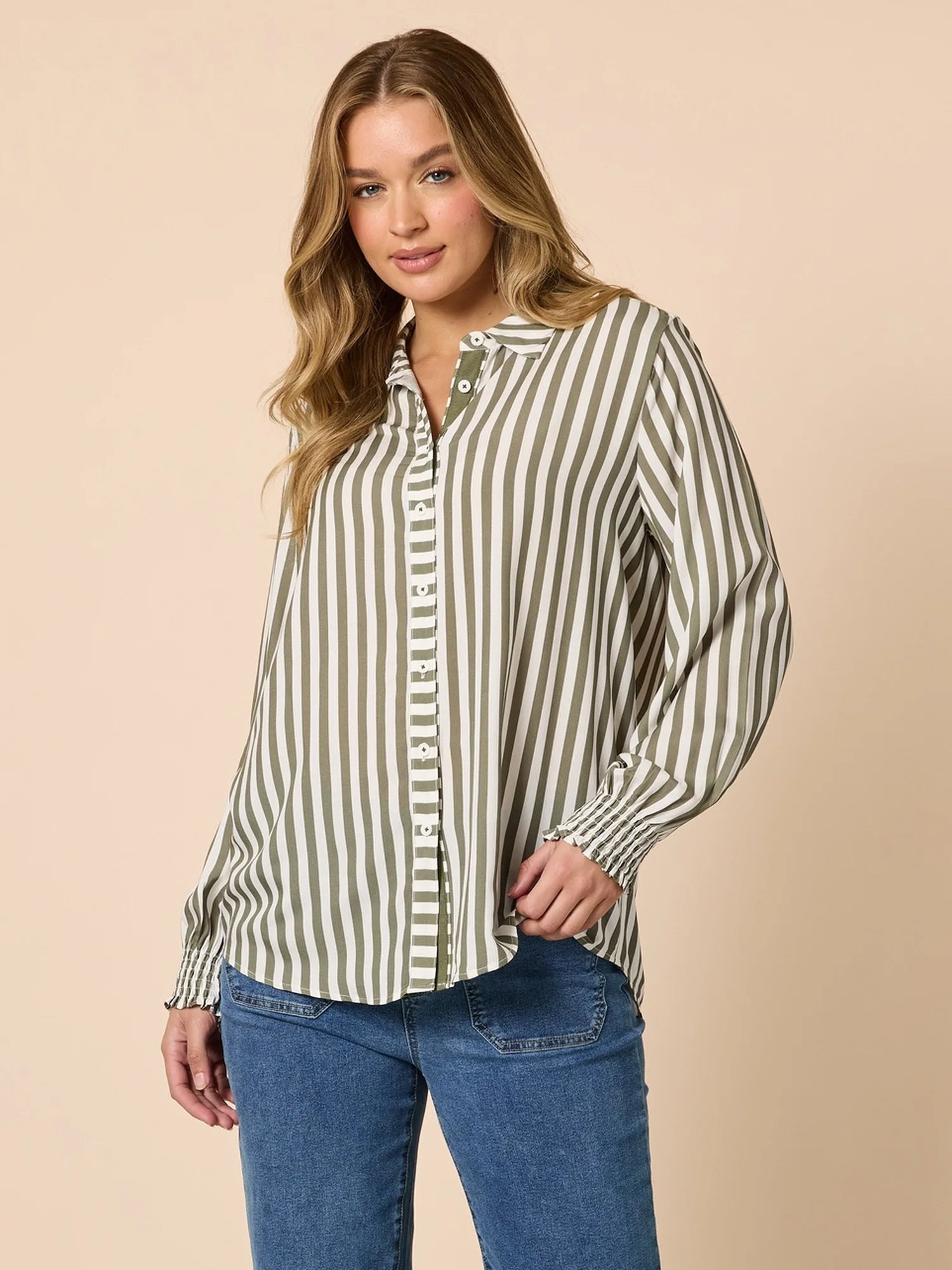 Threadz Amour Stripe Print Shirt - Khaki/White