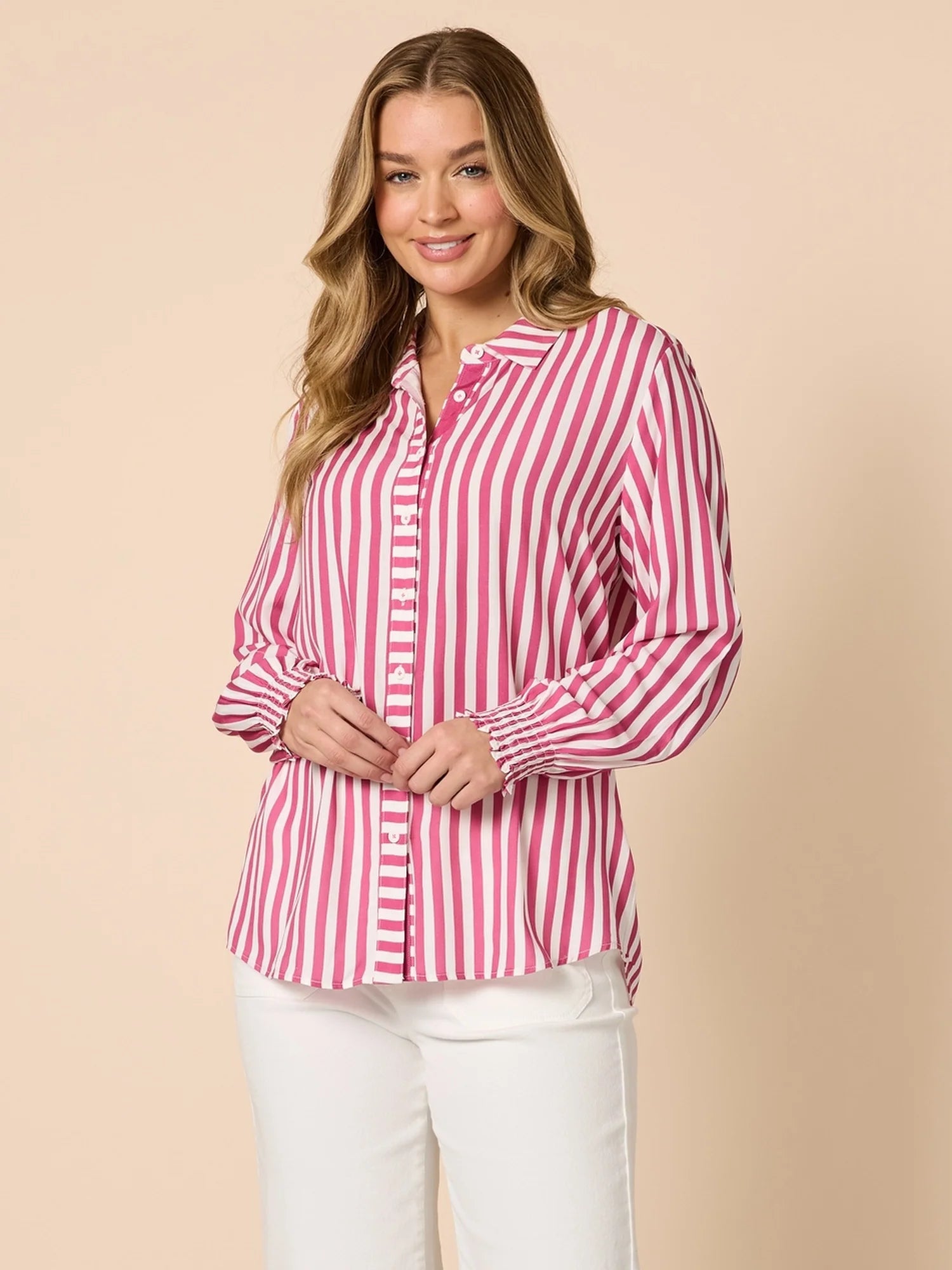 Threadz Amour Stripe Print Shirt - Pink/White