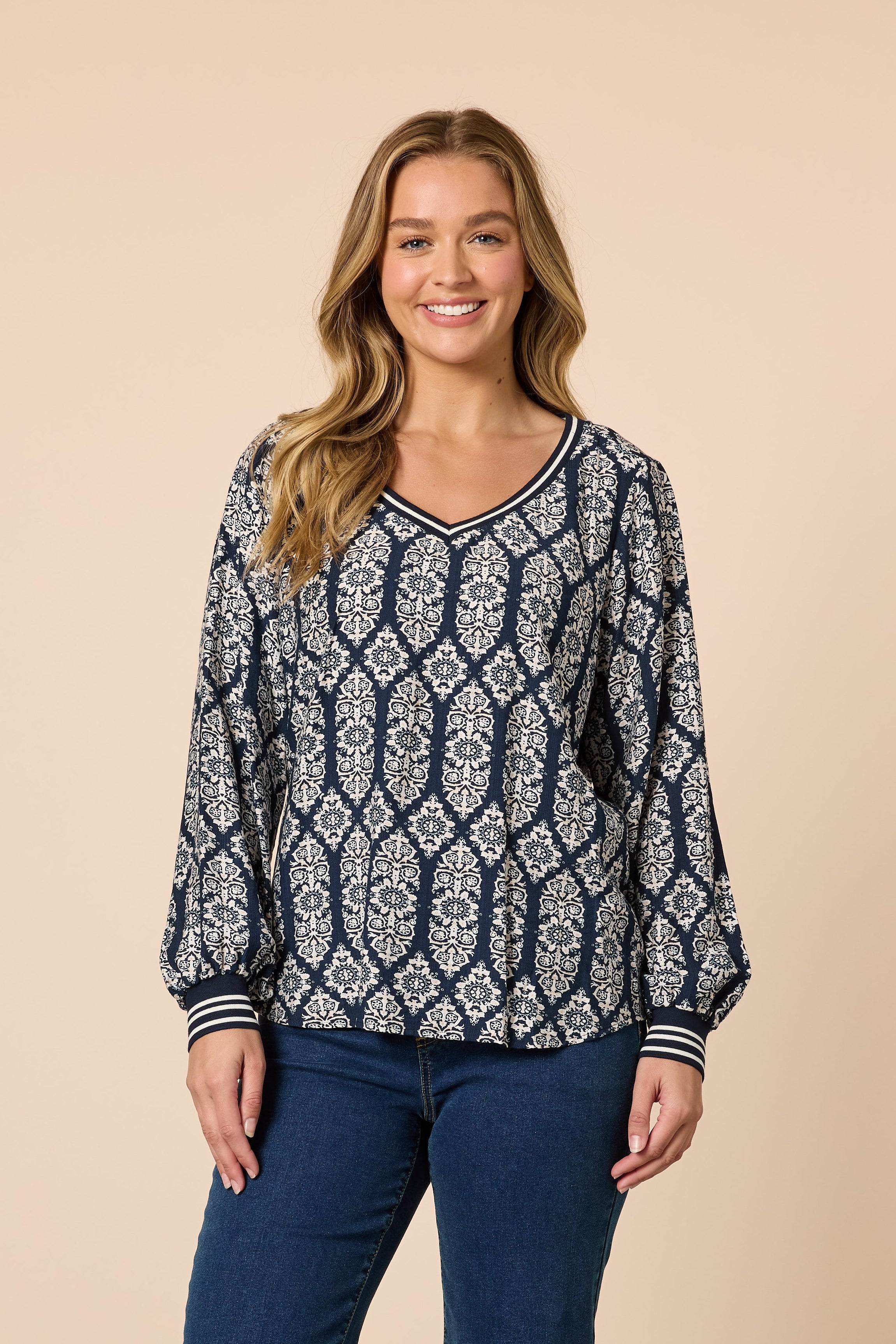 Threadz Lola Print Top - Navy/White