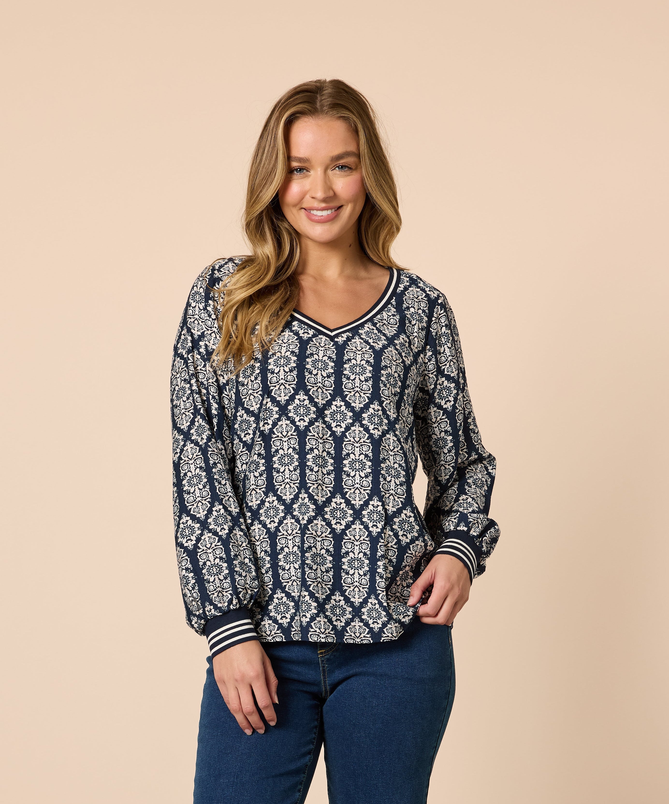 Threadz Lola Print Top - Navy/White